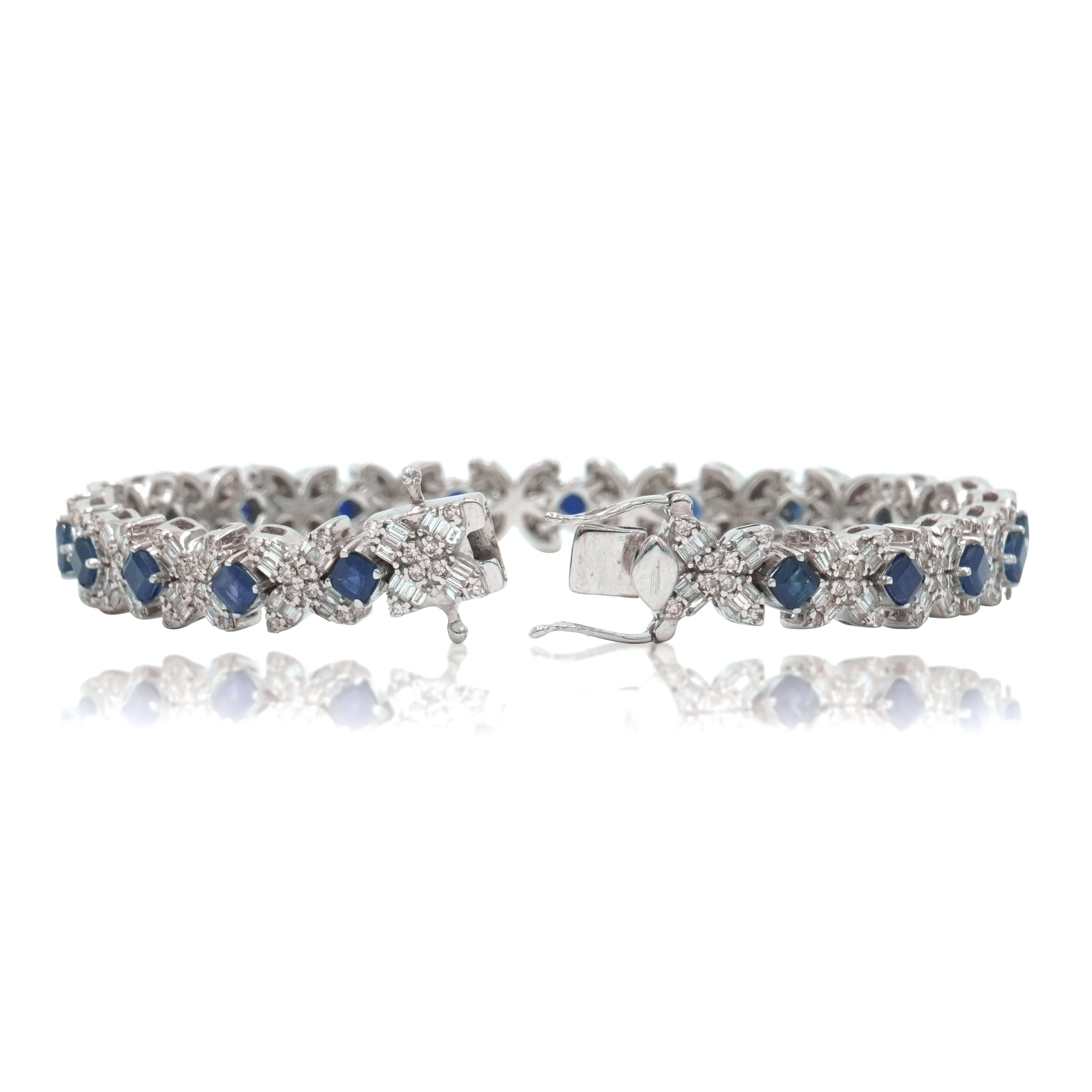 14K White Gold Asscher Cut Sapphire & Diamond Bracelet - Image 3