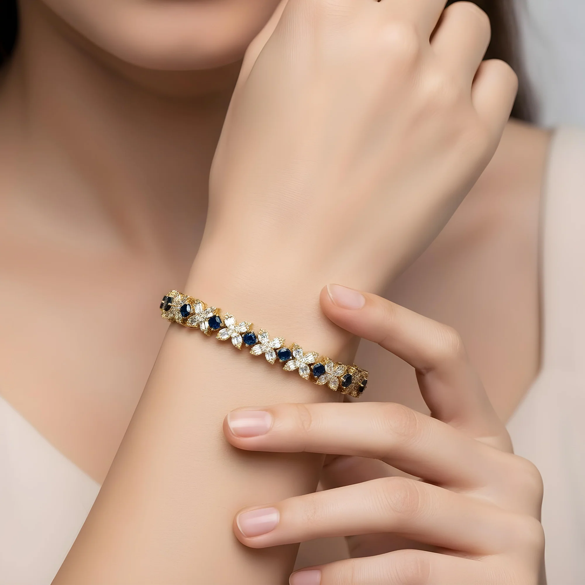 14K White Gold Asscher Cut Sapphire & Diamond Bracelet - Image 5