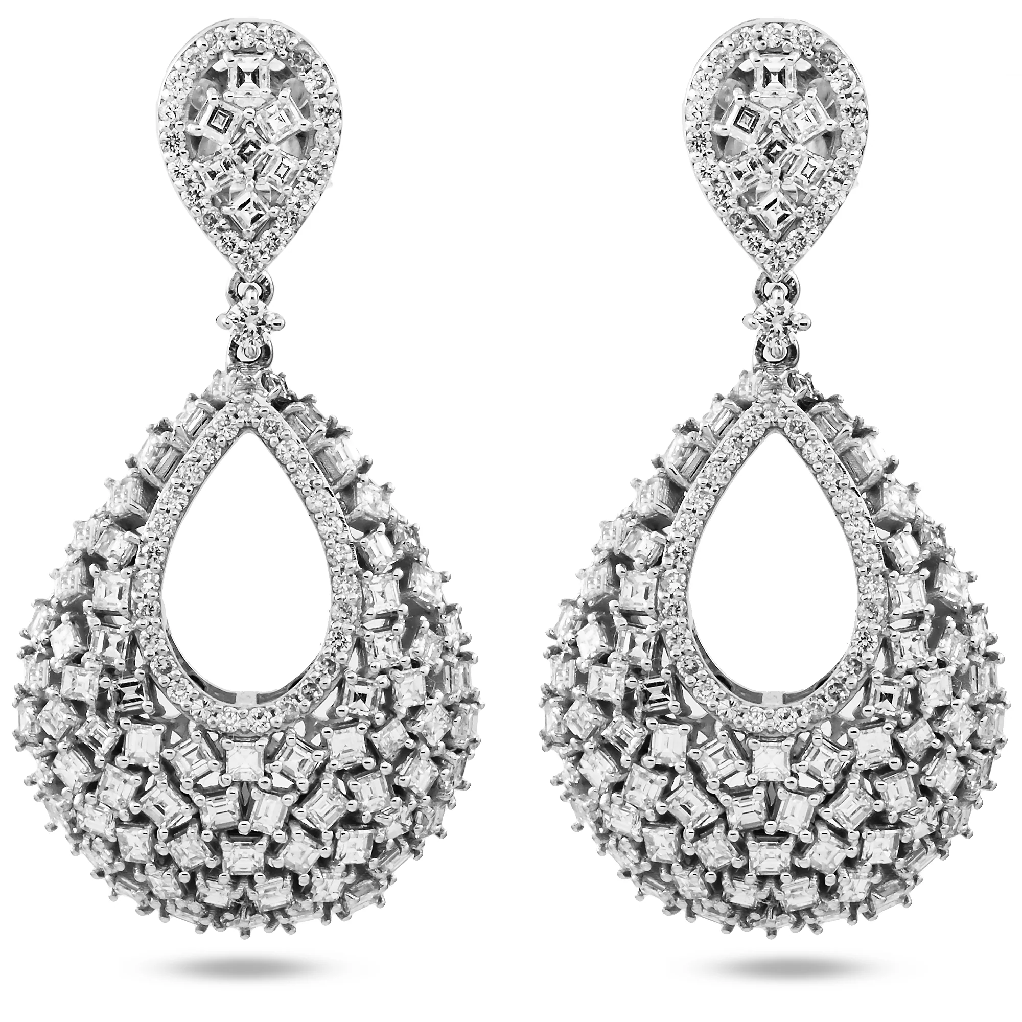 14K White Gold Asscher & Round Cut Drop Earrings 4.23ctw