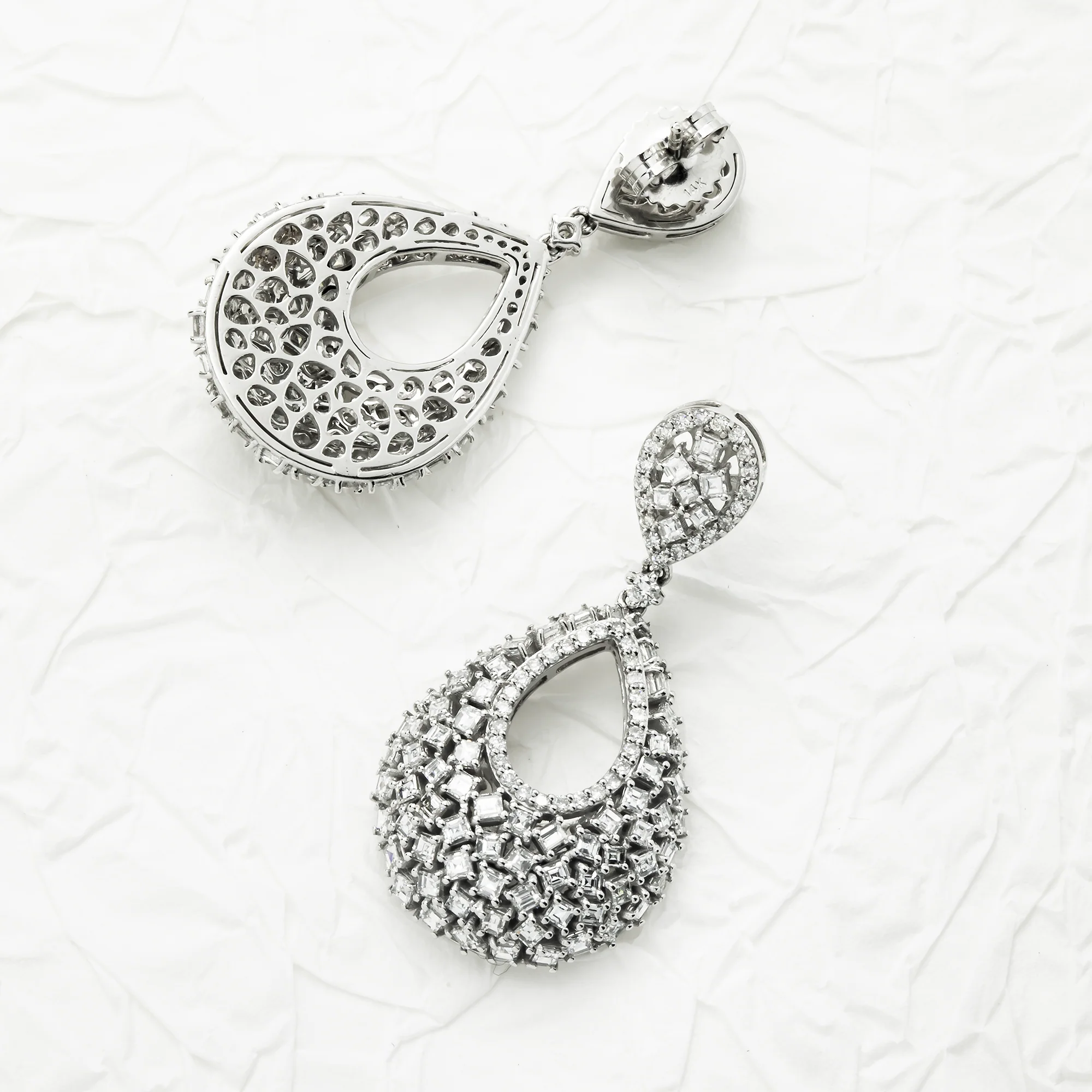 14K White Gold Asscher & Round Cut Drop Earrings 4.23ctw - Image 3