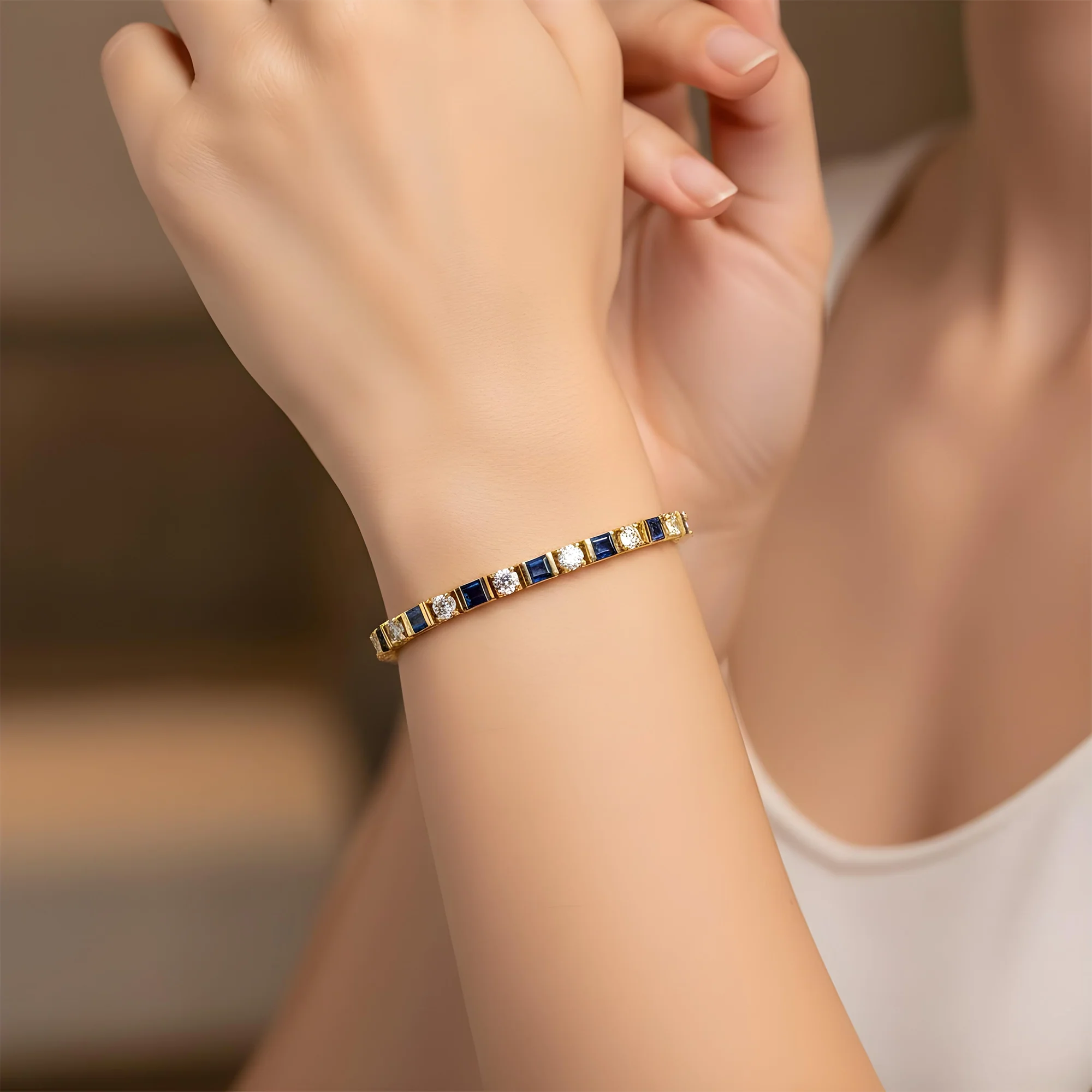 14K White Gold Baguette Cut Sapphire & Round Diamond Bracelet - Image 6