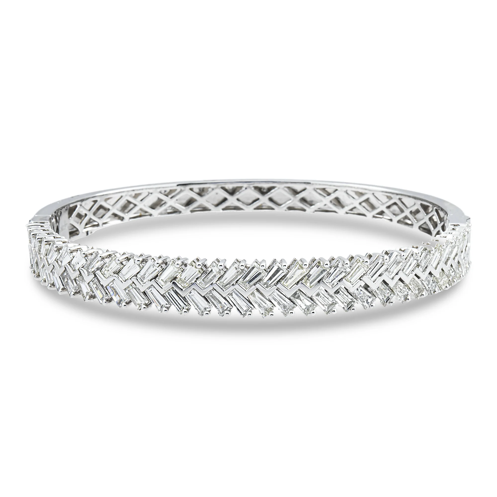 14K White Gold Baguette Diamond Bangle Bracelet 6.11ct