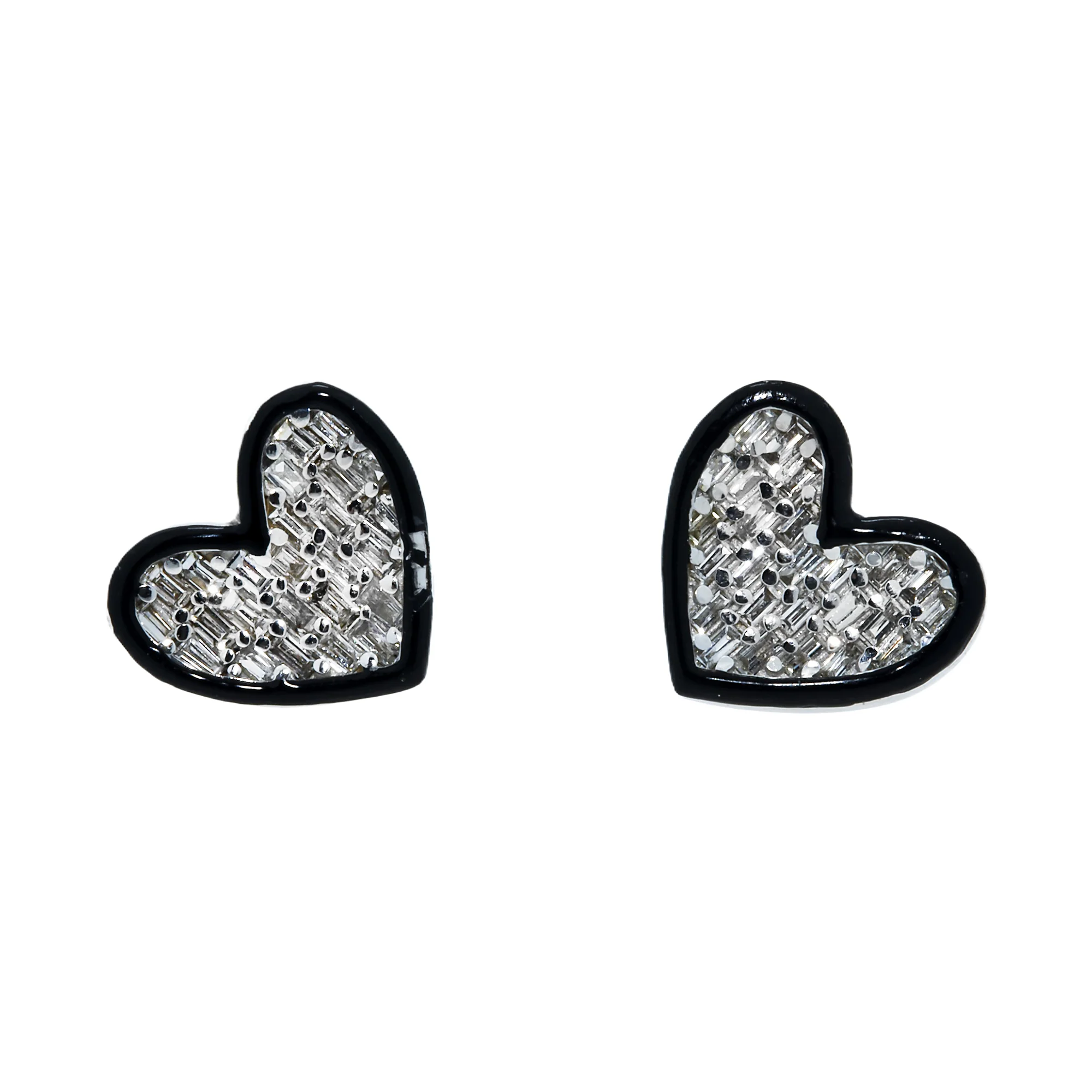 14K White Gold Baguette Diamond Heart Stud Earrings 0.53ctw (Any Color Enamel)