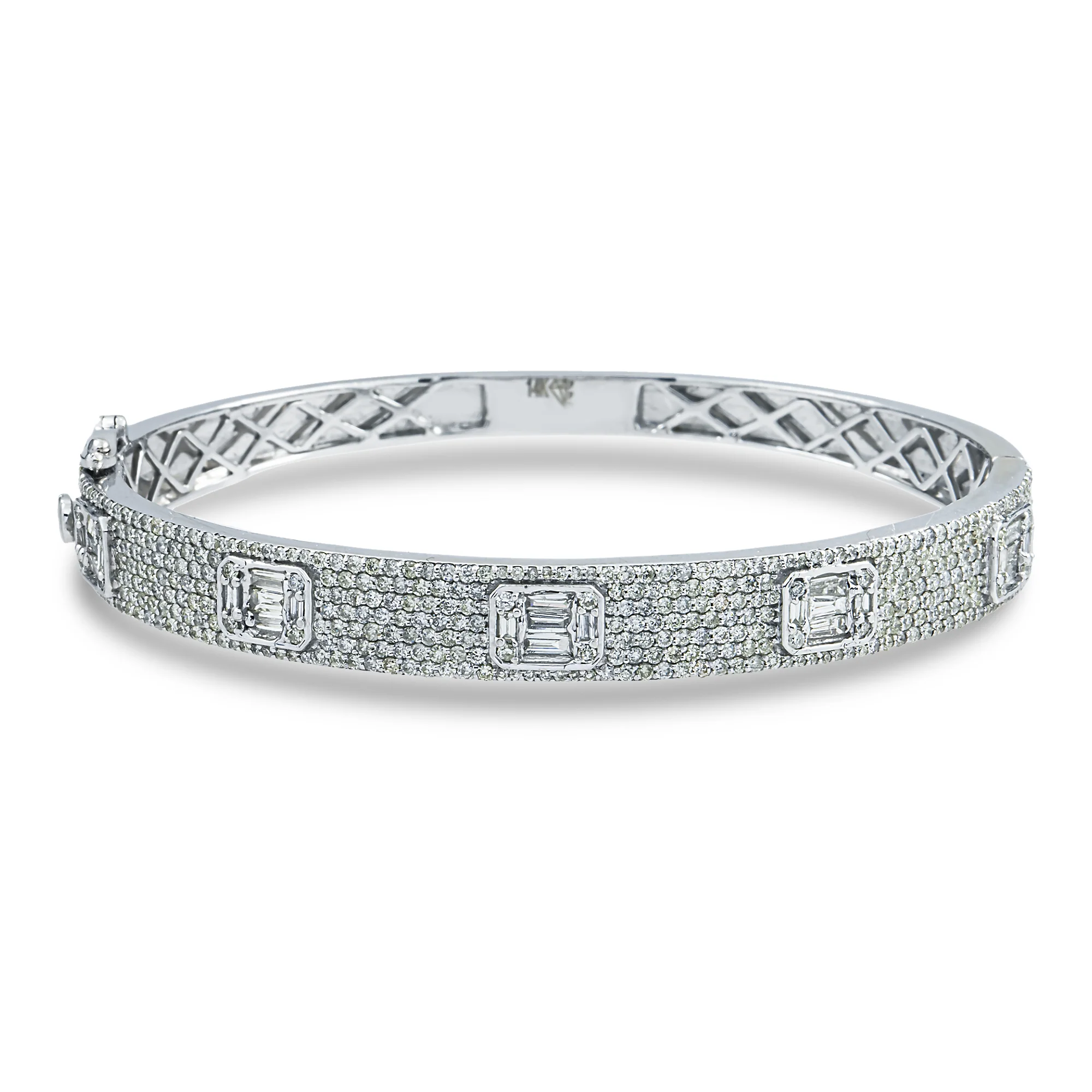 14K White Gold Baguette & Round Diamond Bangle Bracelet 3.30ct