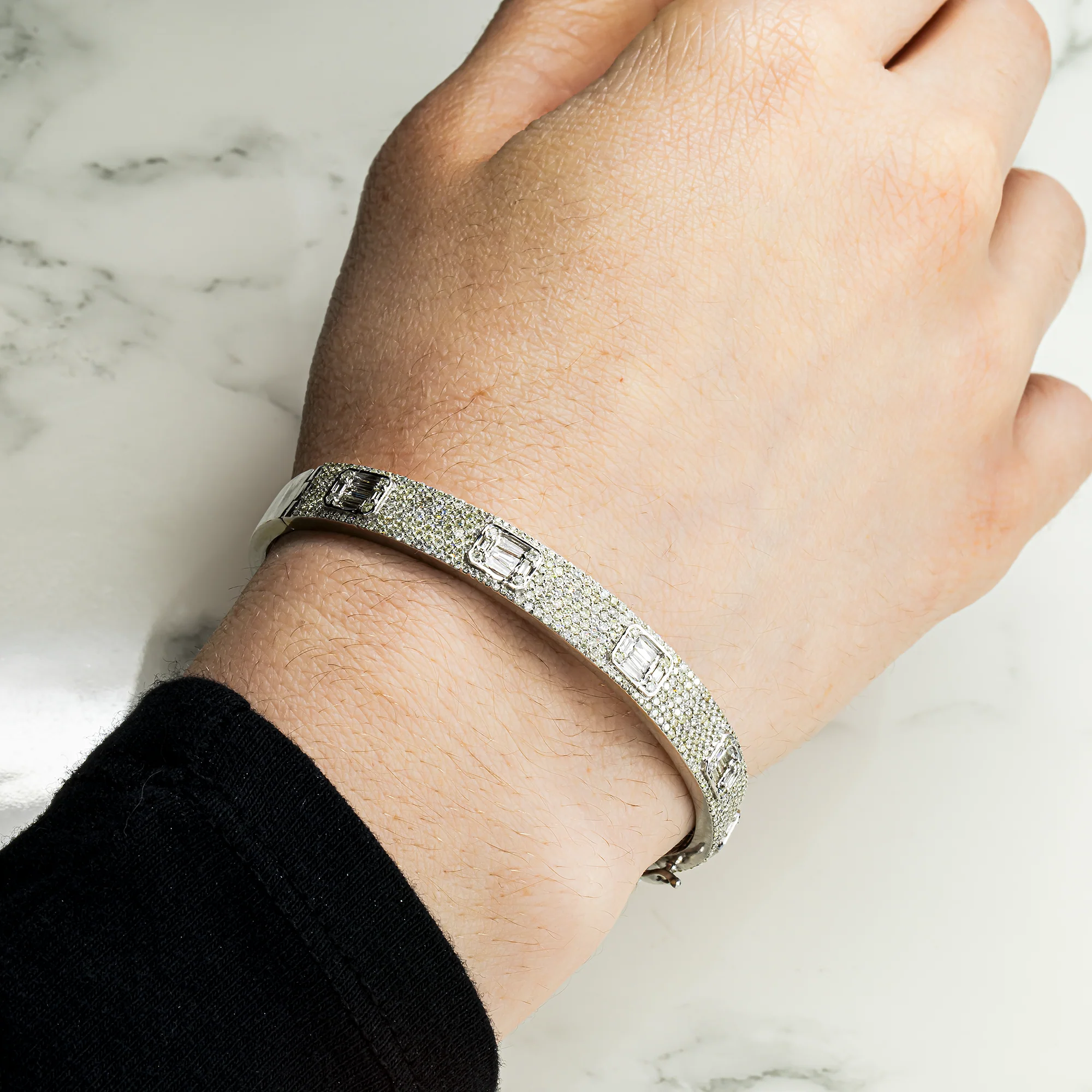 14K White Gold Baguette & Round Diamond Bangle Bracelet 3.30ct - Image 2