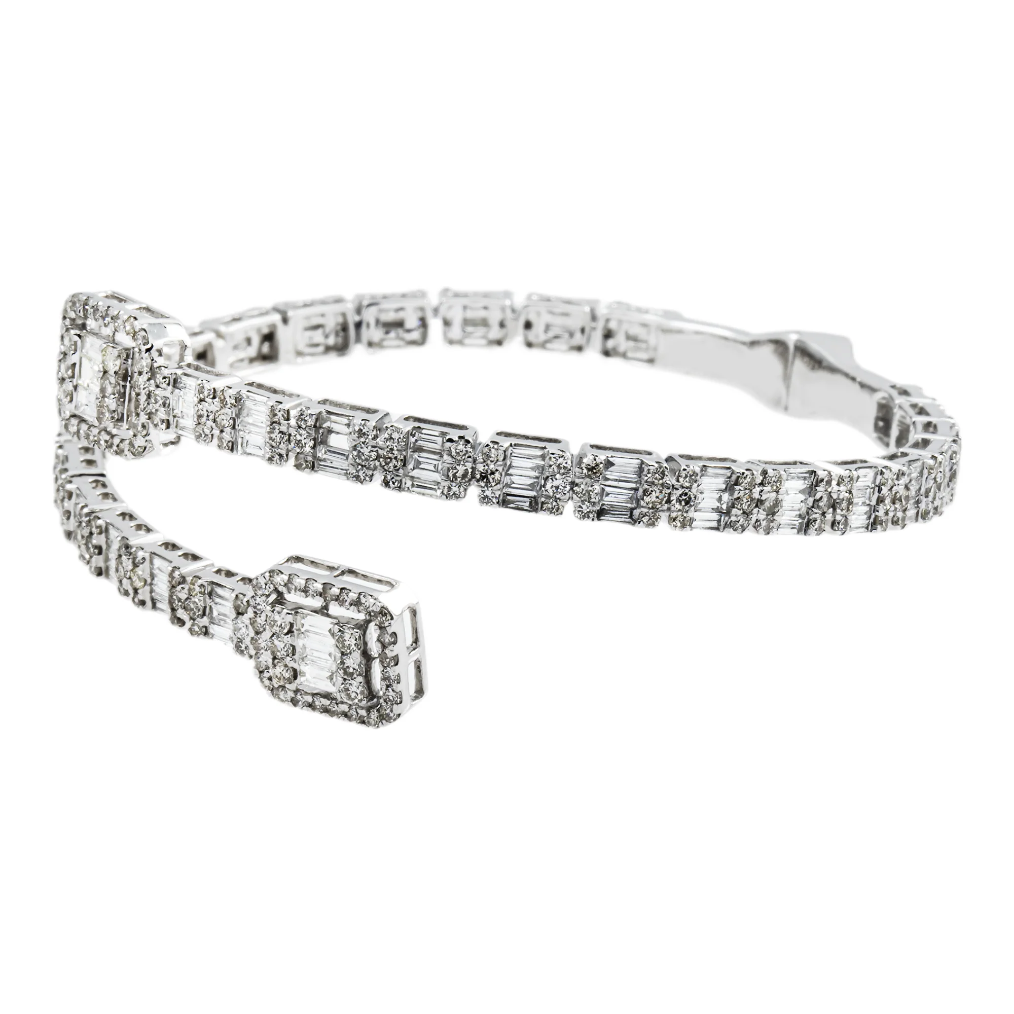 14K White Gold Baguette & Round Diamond Bangle Bracelet 6.40ct - Image 3