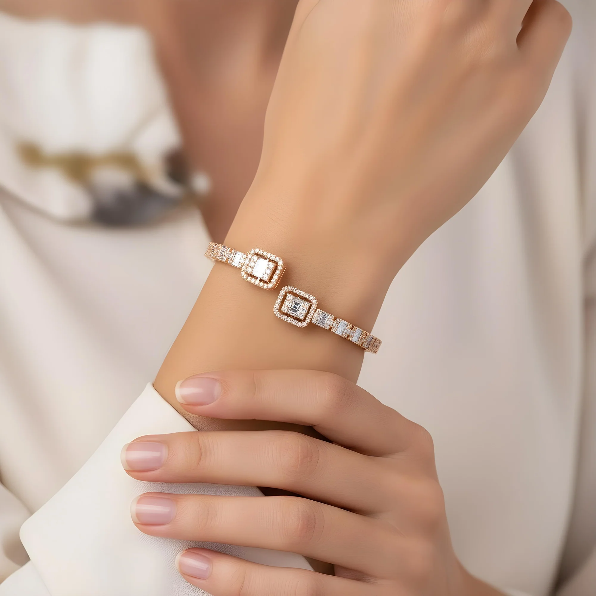 14K White Gold Baguette & Round Diamond Bangle Bracelet 6.40ct - Image 8