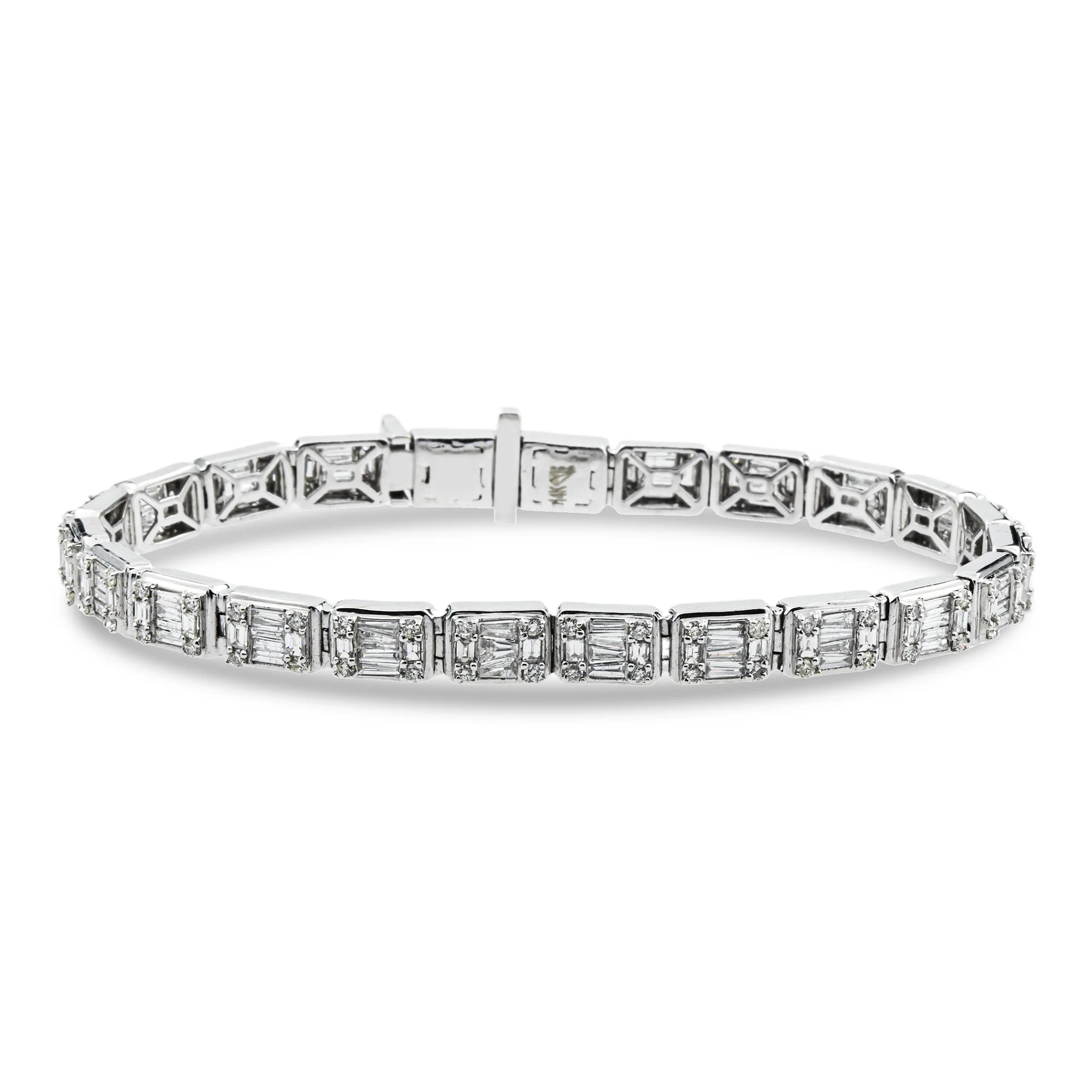 14K White Gold Baguette & Round Diamond Bracelet 6.05ct