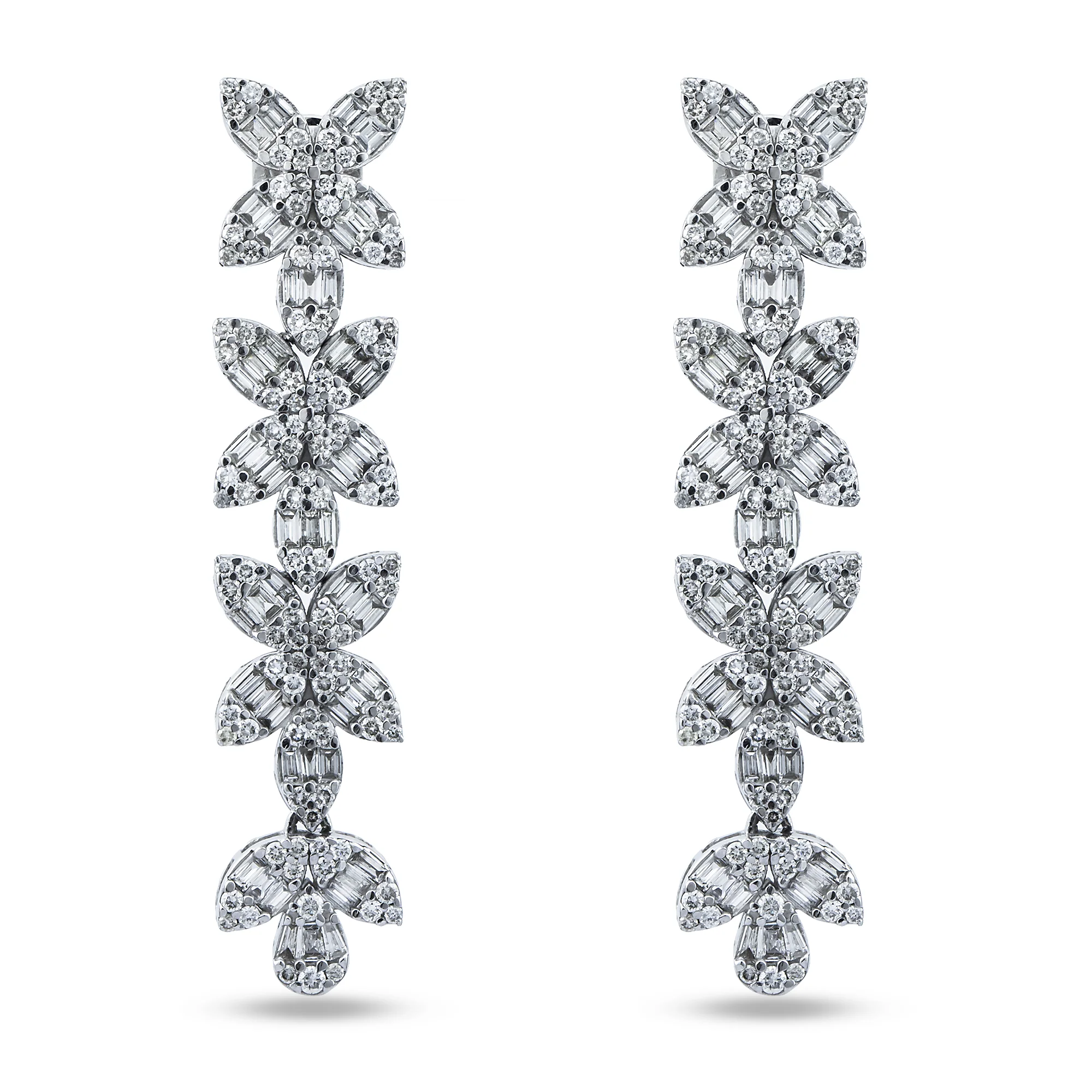 14K White Gold Baguette & Round Diamond Flower Drop Earrings 4.94ctw