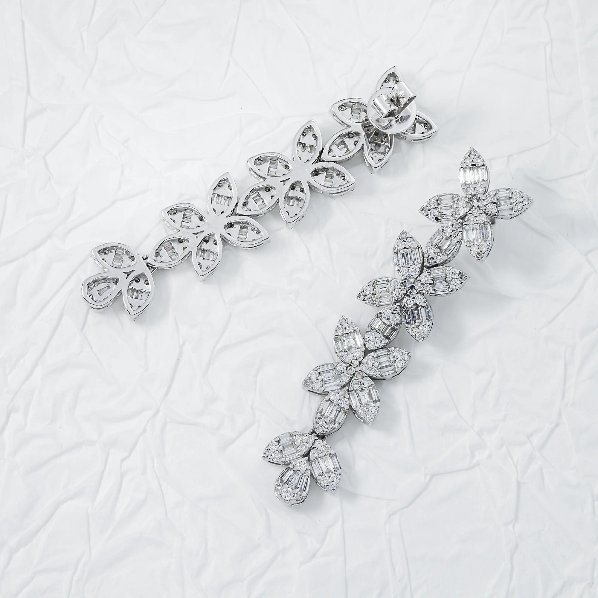 14K White Gold Baguette & Round Diamond Flower Drop Earrings 4.94ctw - Image 3