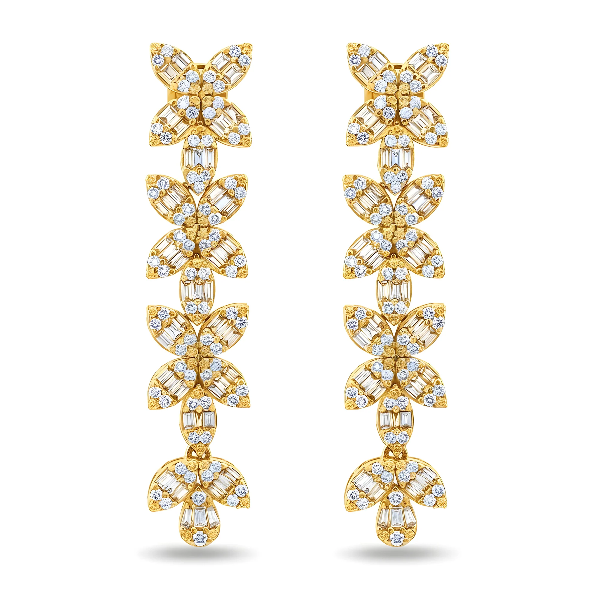 14K White Gold Baguette & Round Diamond Flower Drop Earrings 4.94ctw - Image 4