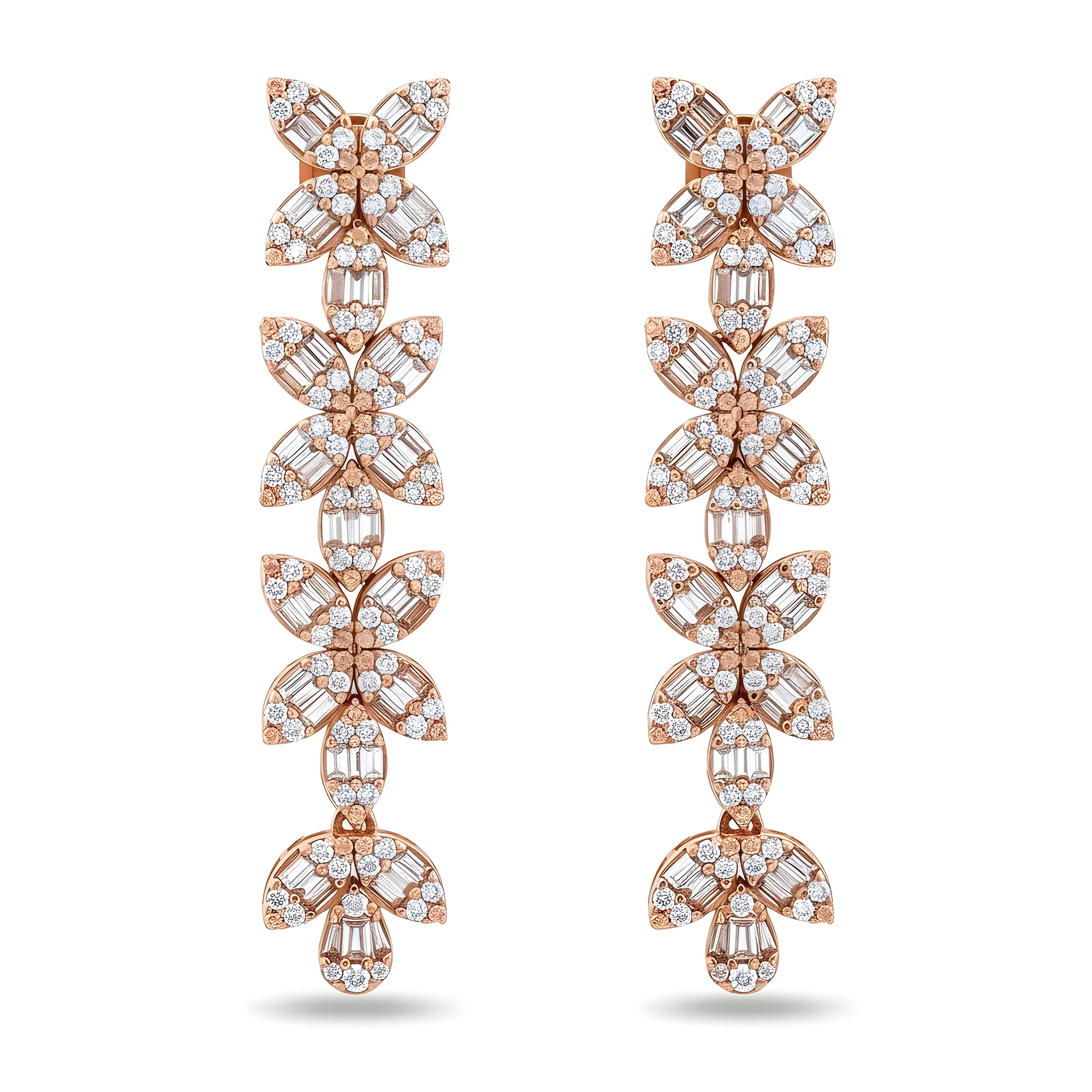 14K White Gold Baguette & Round Diamond Flower Drop Earrings 4.94ctw - Image 6