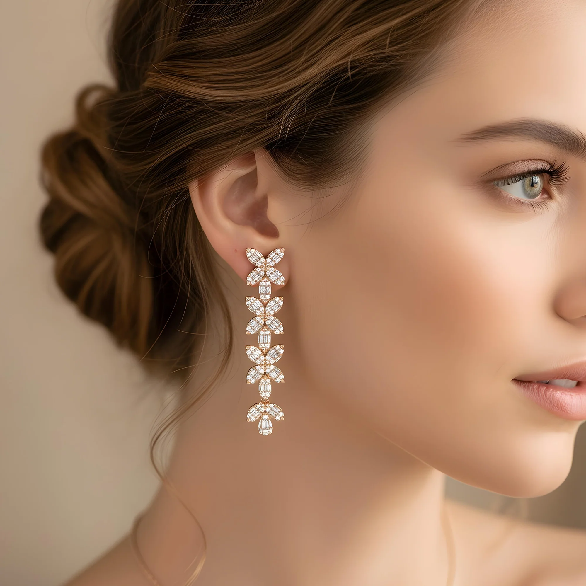 14K White Gold Baguette & Round Diamond Flower Drop Earrings 4.94ctw - Image 7
