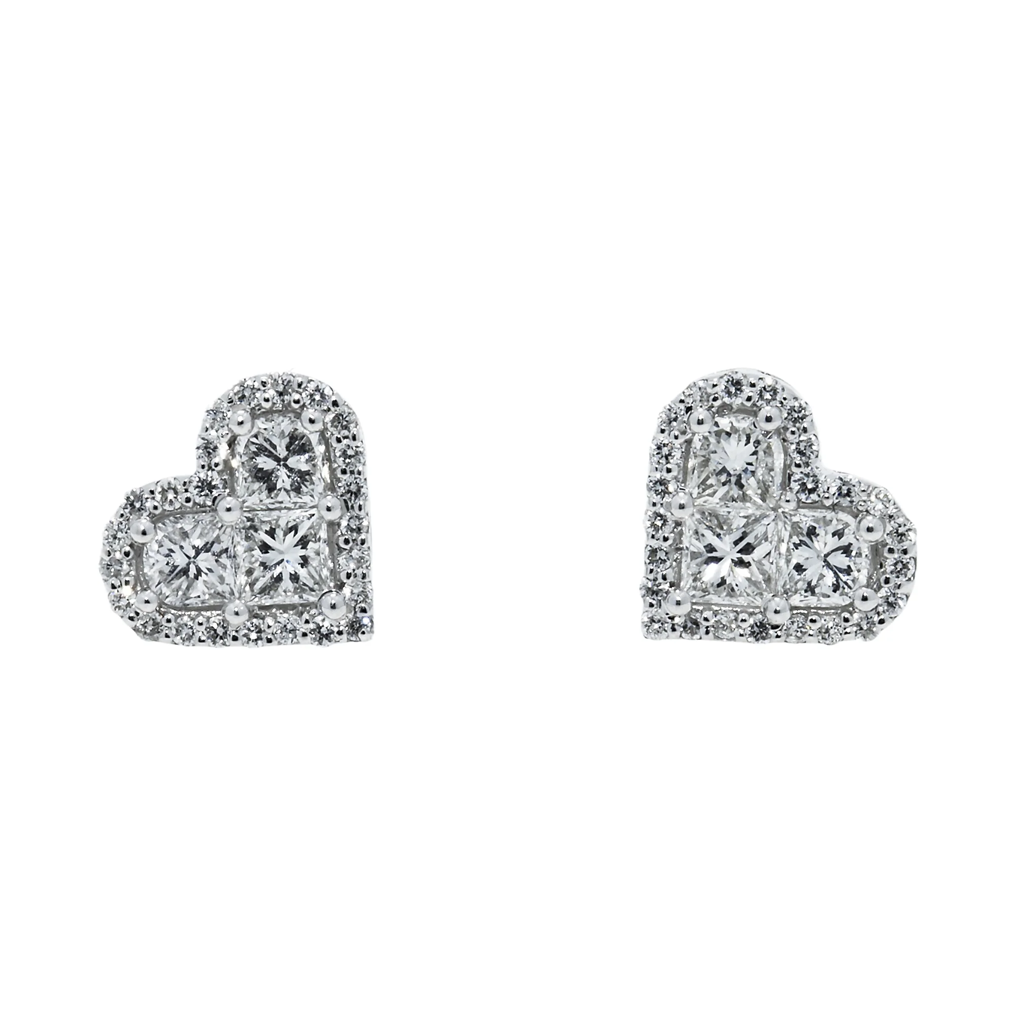 14K White Gold Baguette & Round Diamond Heart Stud Earrings 1.40ctw
