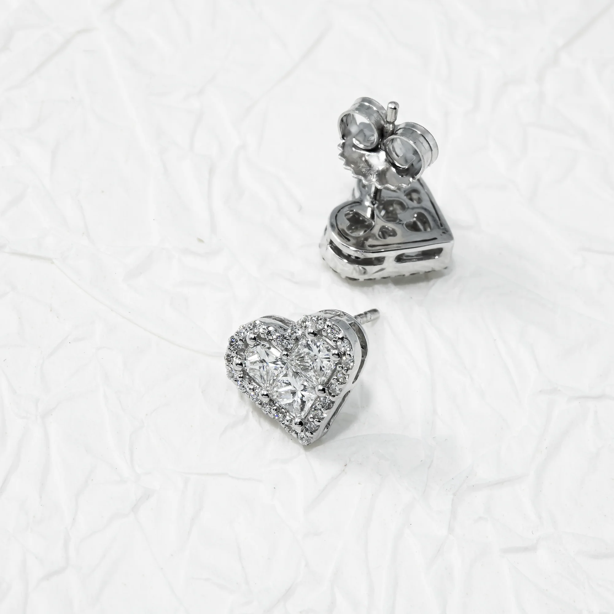 14K White Gold Baguette & Round Diamond Heart Stud Earrings 1.40ctw - Image 3