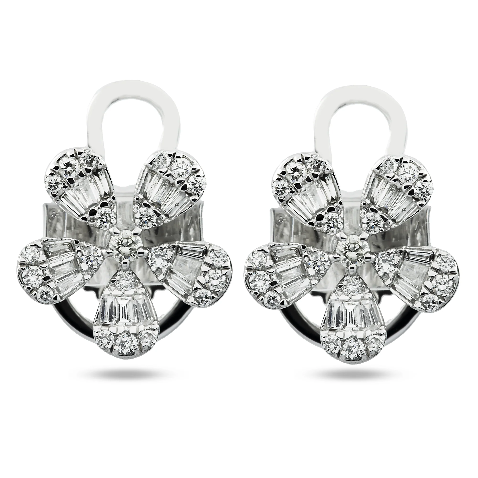 14K White Gold Baguette & Round Diamond Stud Earrings 0.77ctw