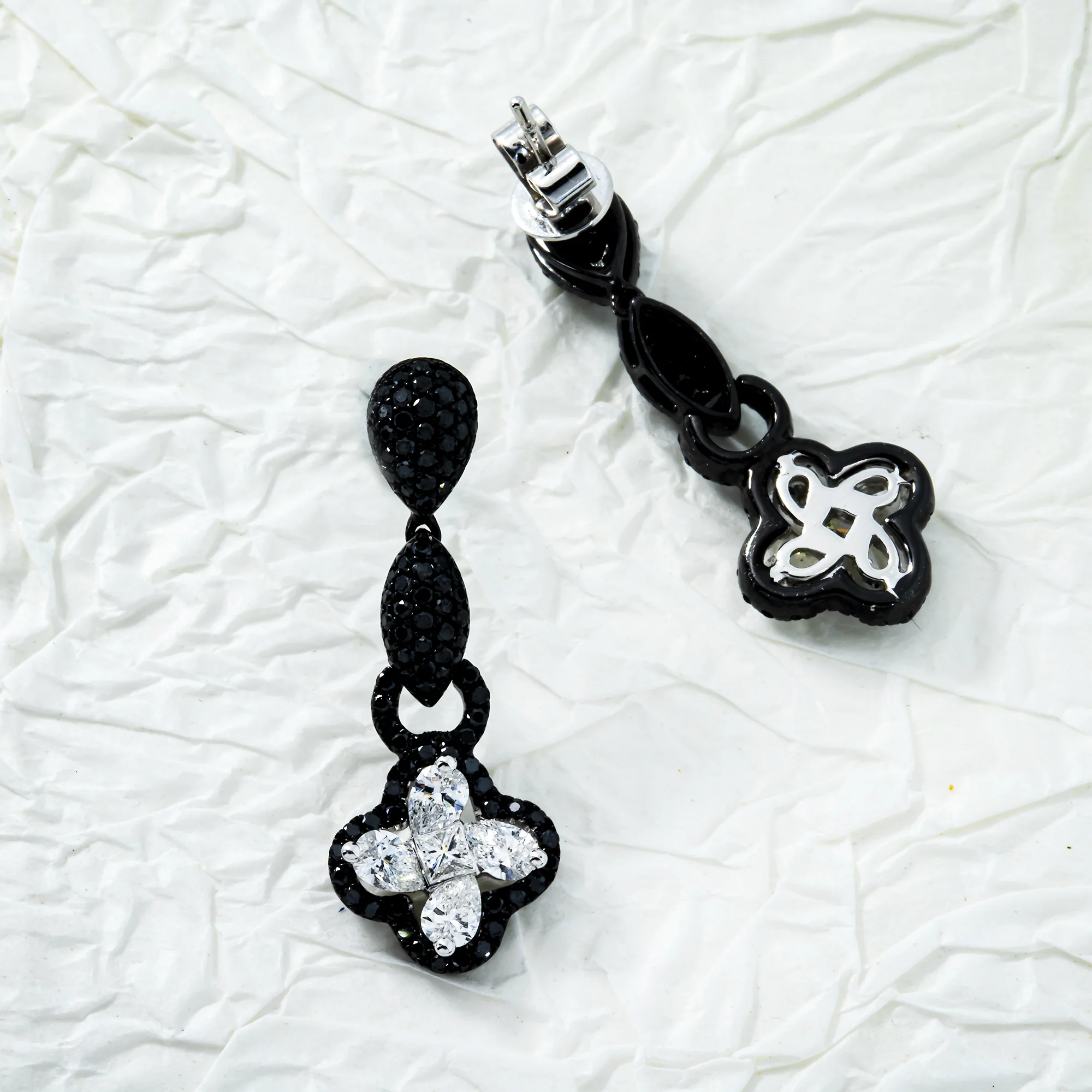 14K White Gold Black & White Diamond Clover Drop Earrings 2.47ctw - Image 3