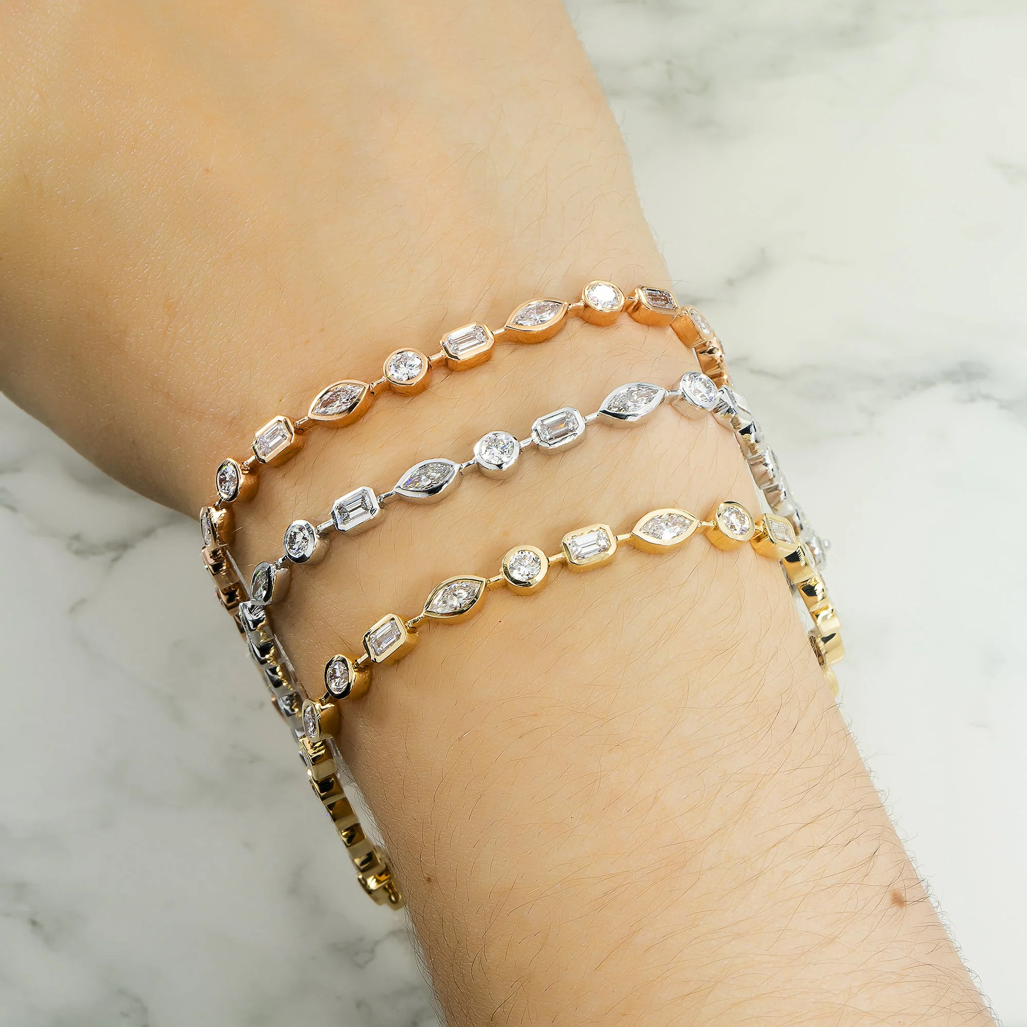 14K Rose Gold Bezel Set Multi Cut Diamond Satellite Bracelet 4.30ct - Image 2
