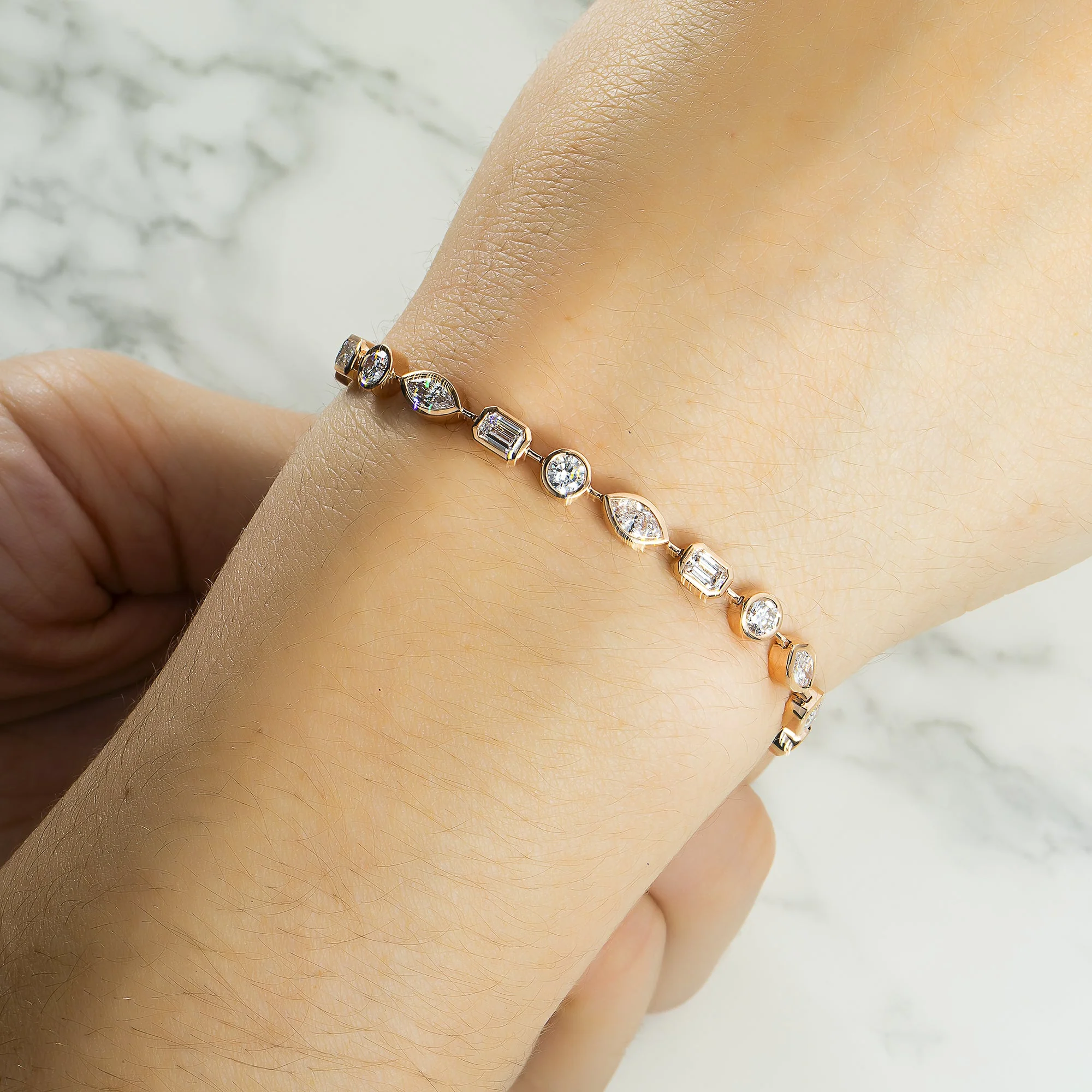 14K Rose Gold Bezel Set Multi Cut Diamond Satellite Bracelet 4.30ct - Image 4