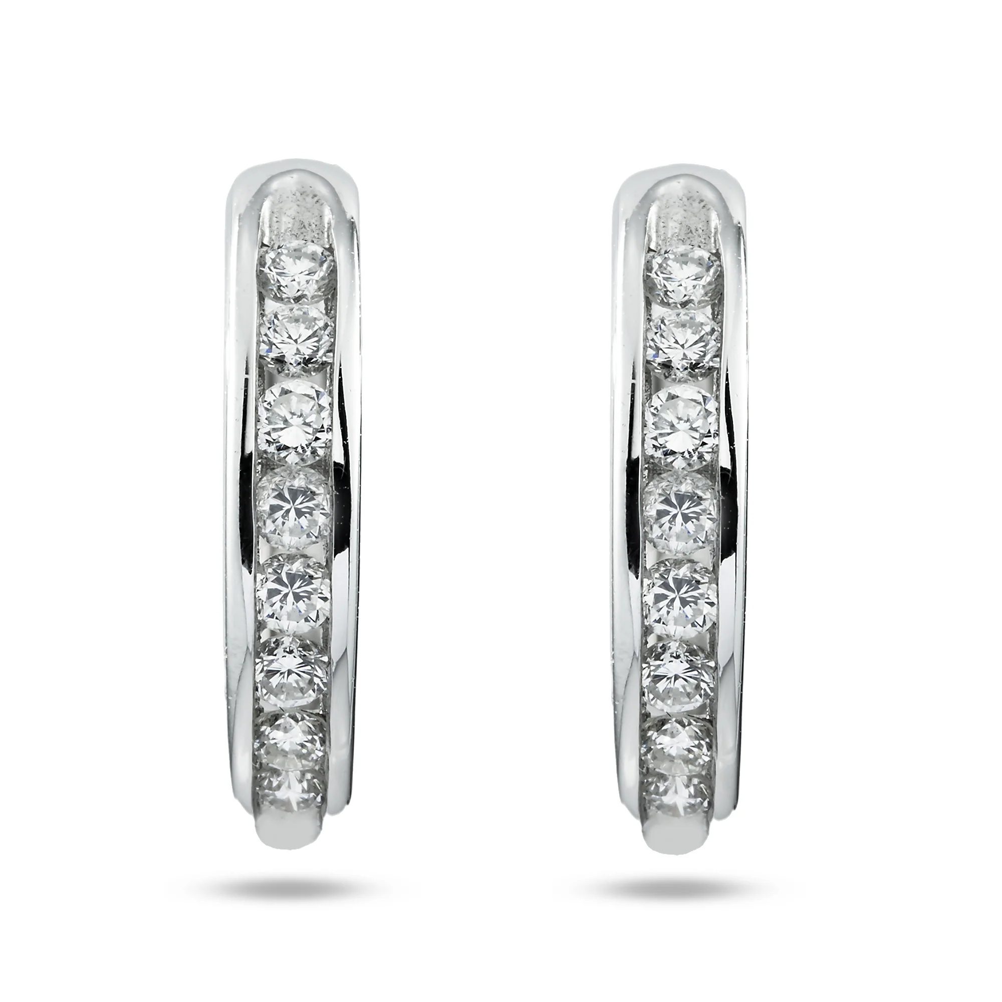 14K White Gold Channel Set Round Diamond Hoop Earrings 0.75ctw