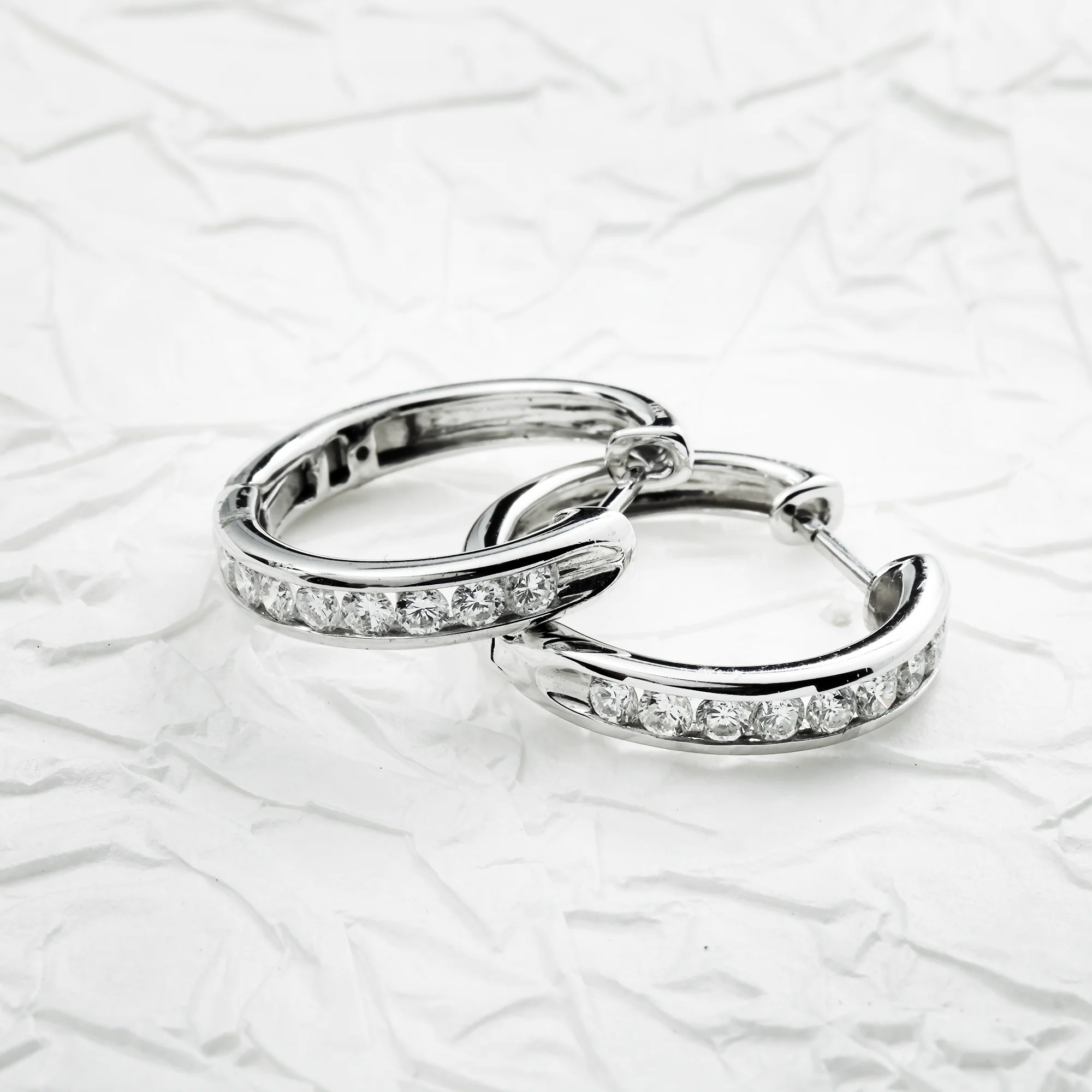 14K White Gold Channel Set Round Diamond Hoop Earrings 0.75ctw - Image 3