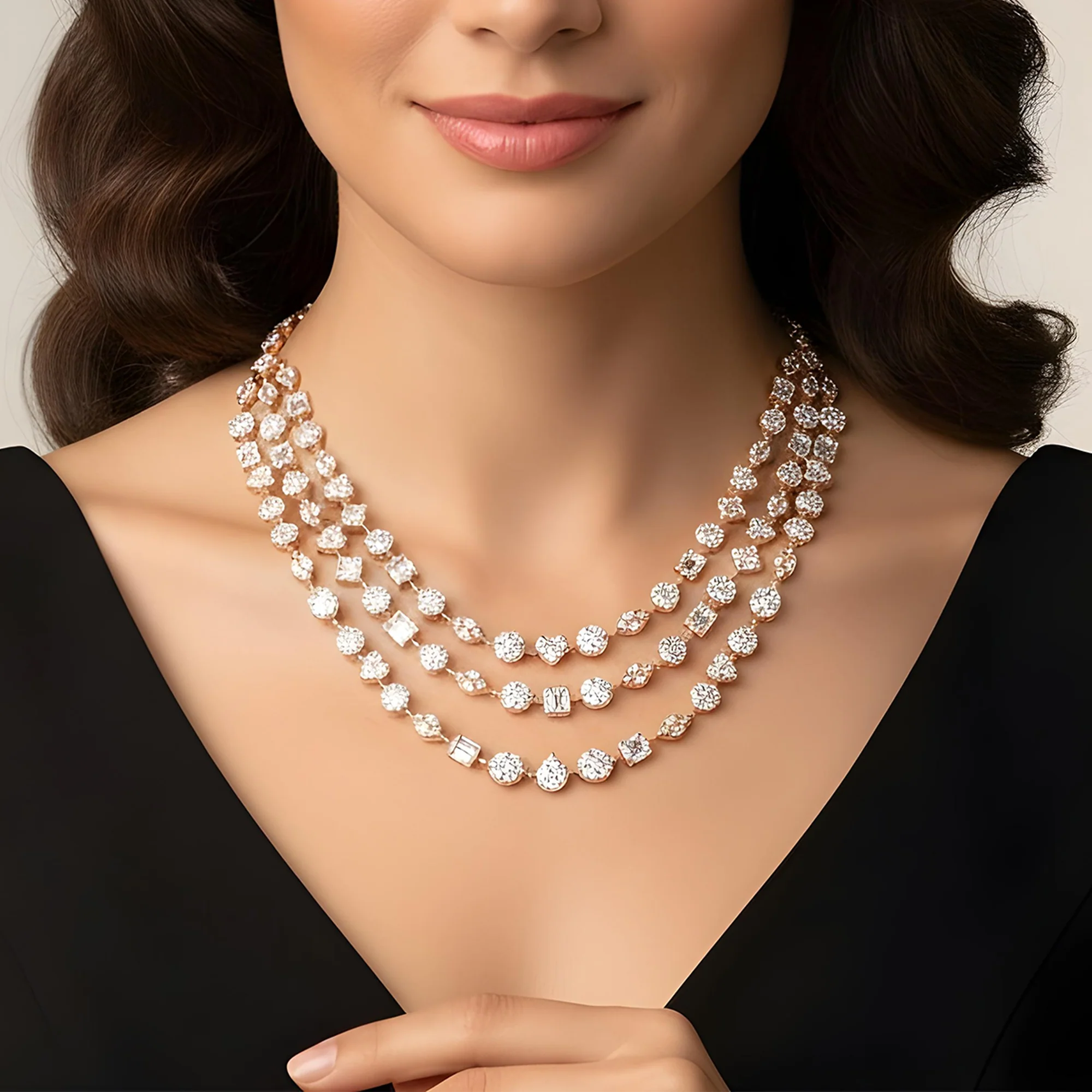 14K White Gold Combination Cut Diamond Triple Row Necklace 29.62ct - Image 8