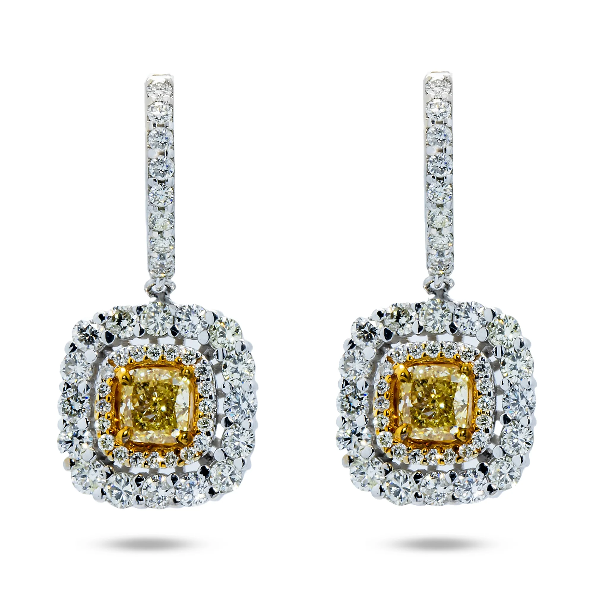 14K White Gold Cushion Cut Canary Yellow Diamond Drop Earrings 2.87ctw