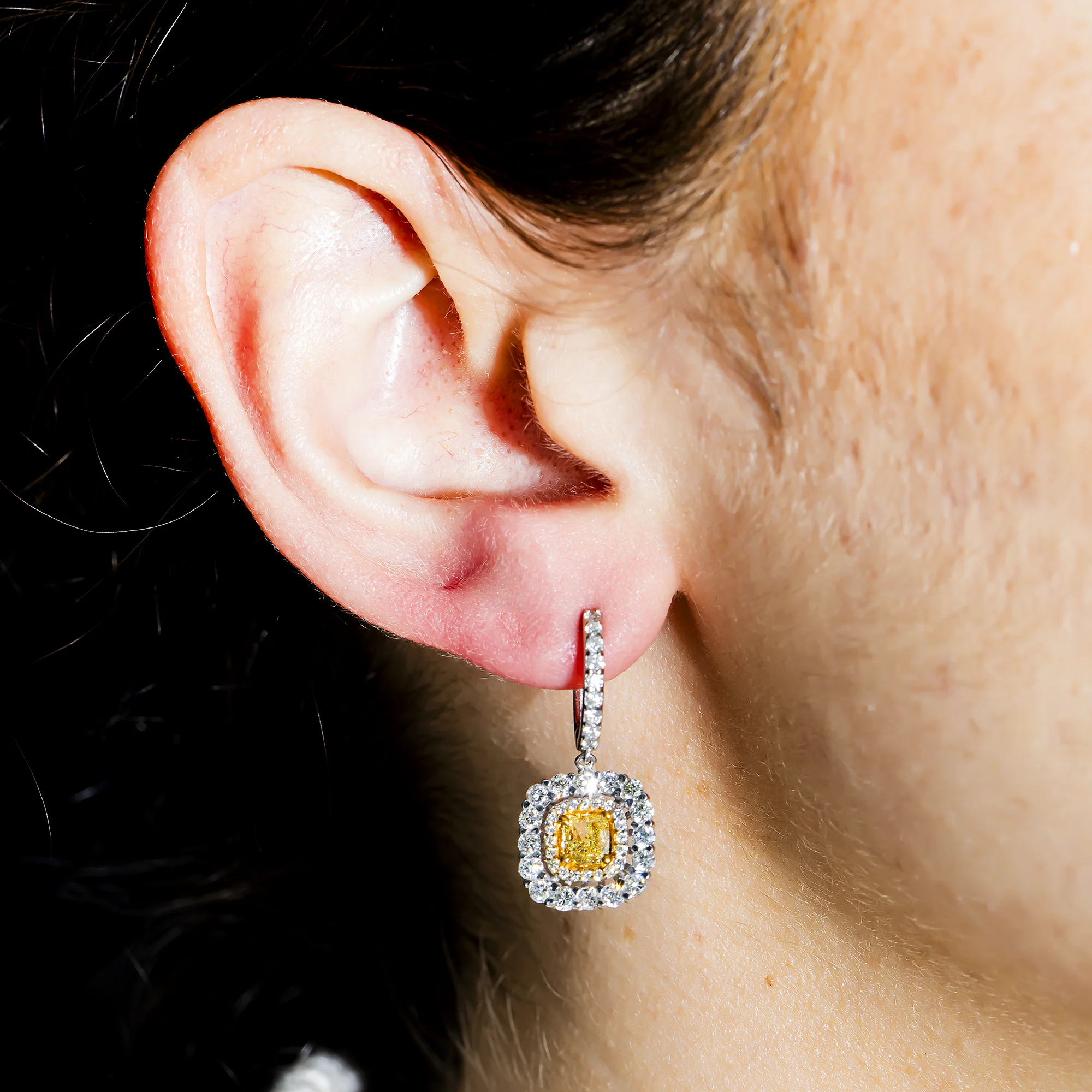 14K White Gold Cushion Cut Canary Yellow Diamond Drop Earrings 2.87ctw - Image 2