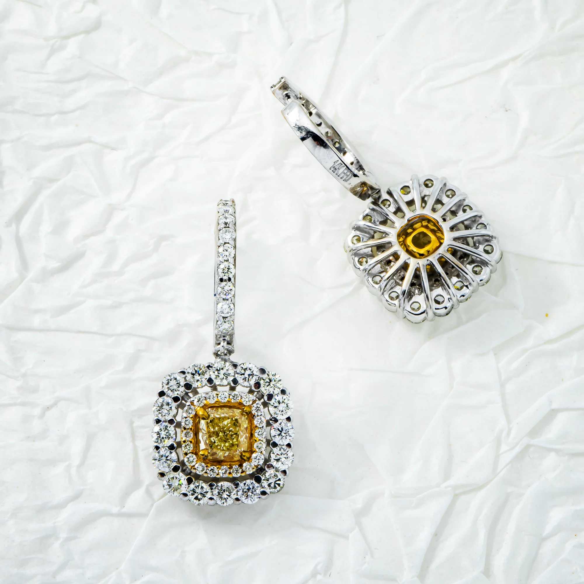14K White Gold Cushion Cut Canary Yellow Diamond Drop Earrings 2.87ctw - Image 3
