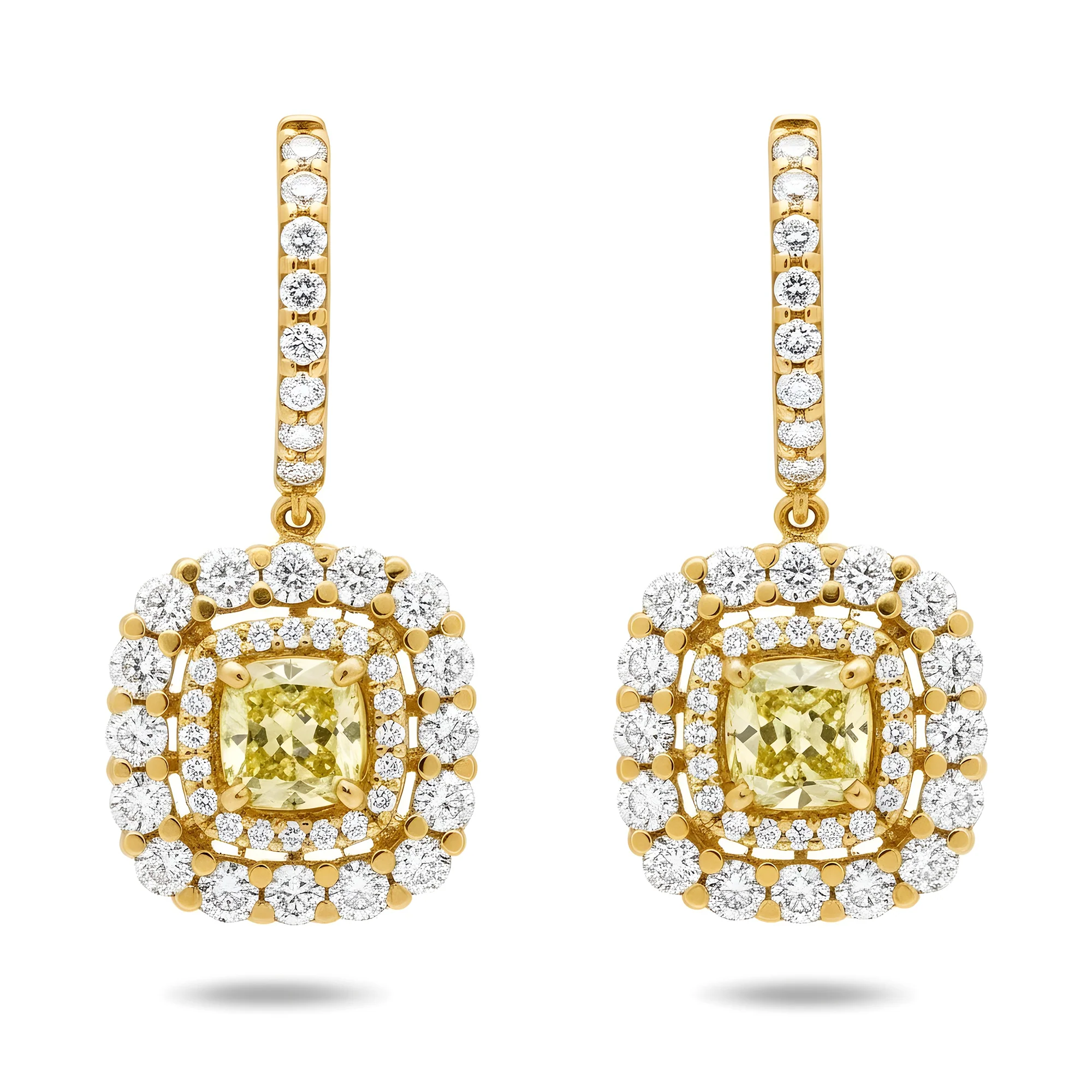 14K White Gold Cushion Cut Canary Yellow Diamond Drop Earrings 2.87ctw - Image 4
