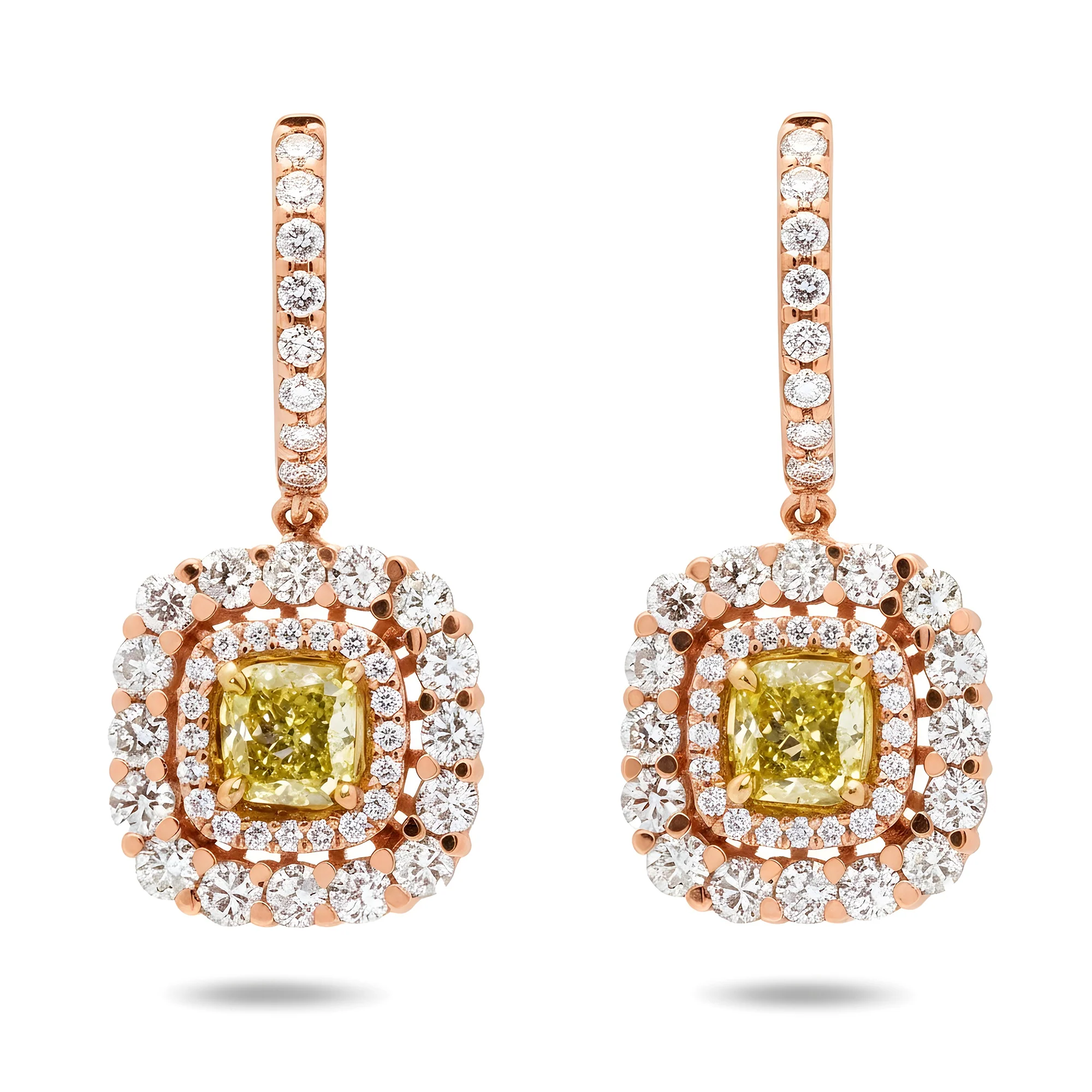 14K White Gold Cushion Cut Canary Yellow Diamond Drop Earrings 2.87ctw - Image 6