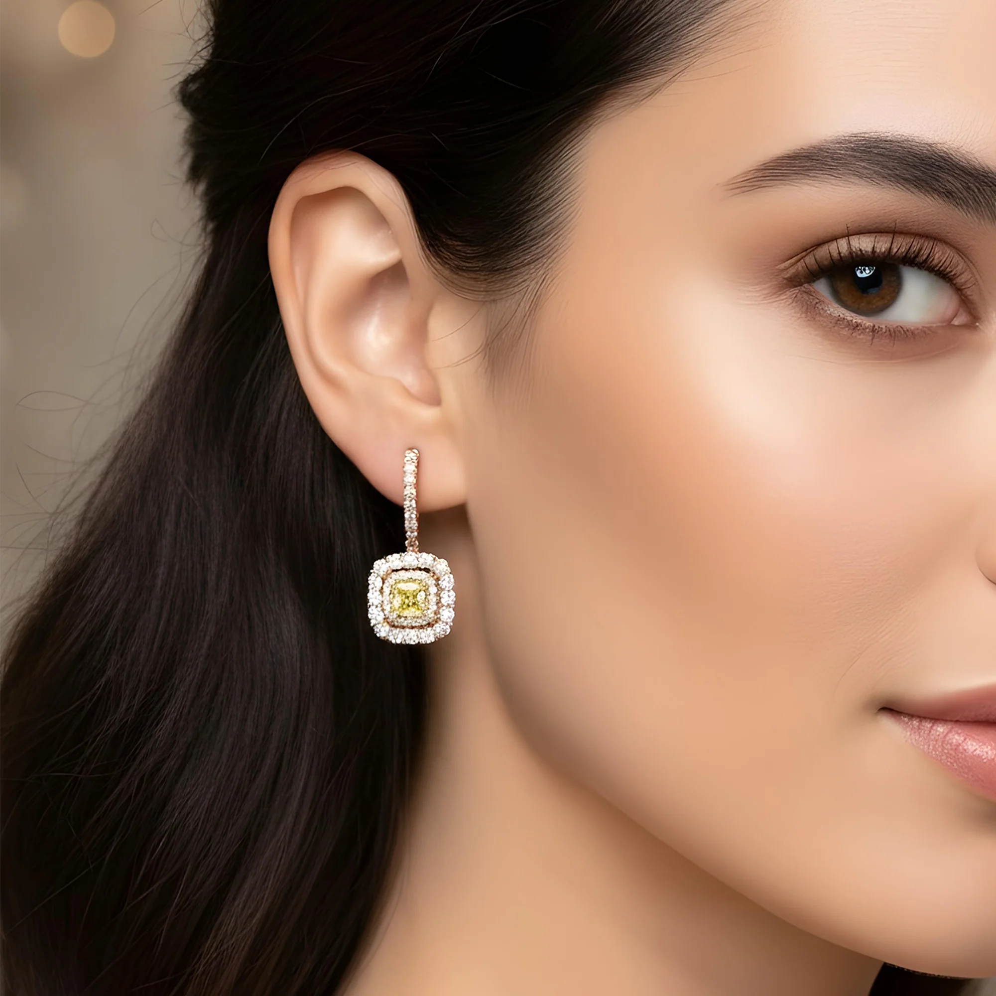 14K White Gold Cushion Cut Canary Yellow Diamond Drop Earrings 2.87ctw - Image 7
