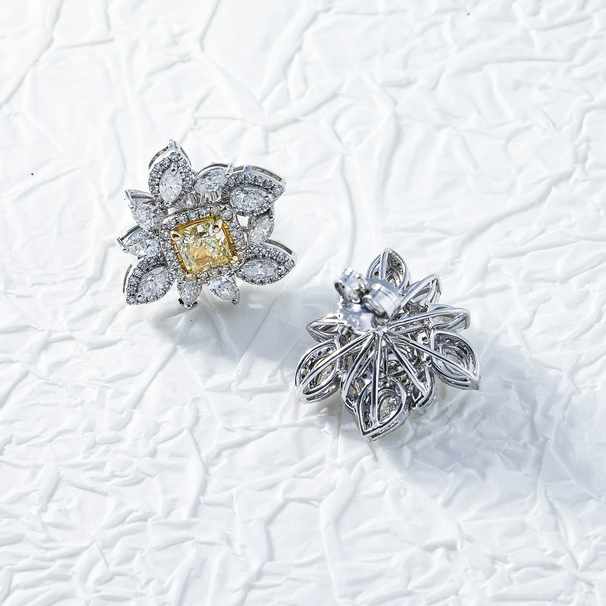 14K White Gold Canary Yellow Diamond Cluster Stud Earrings 5.16ctw - Image 3