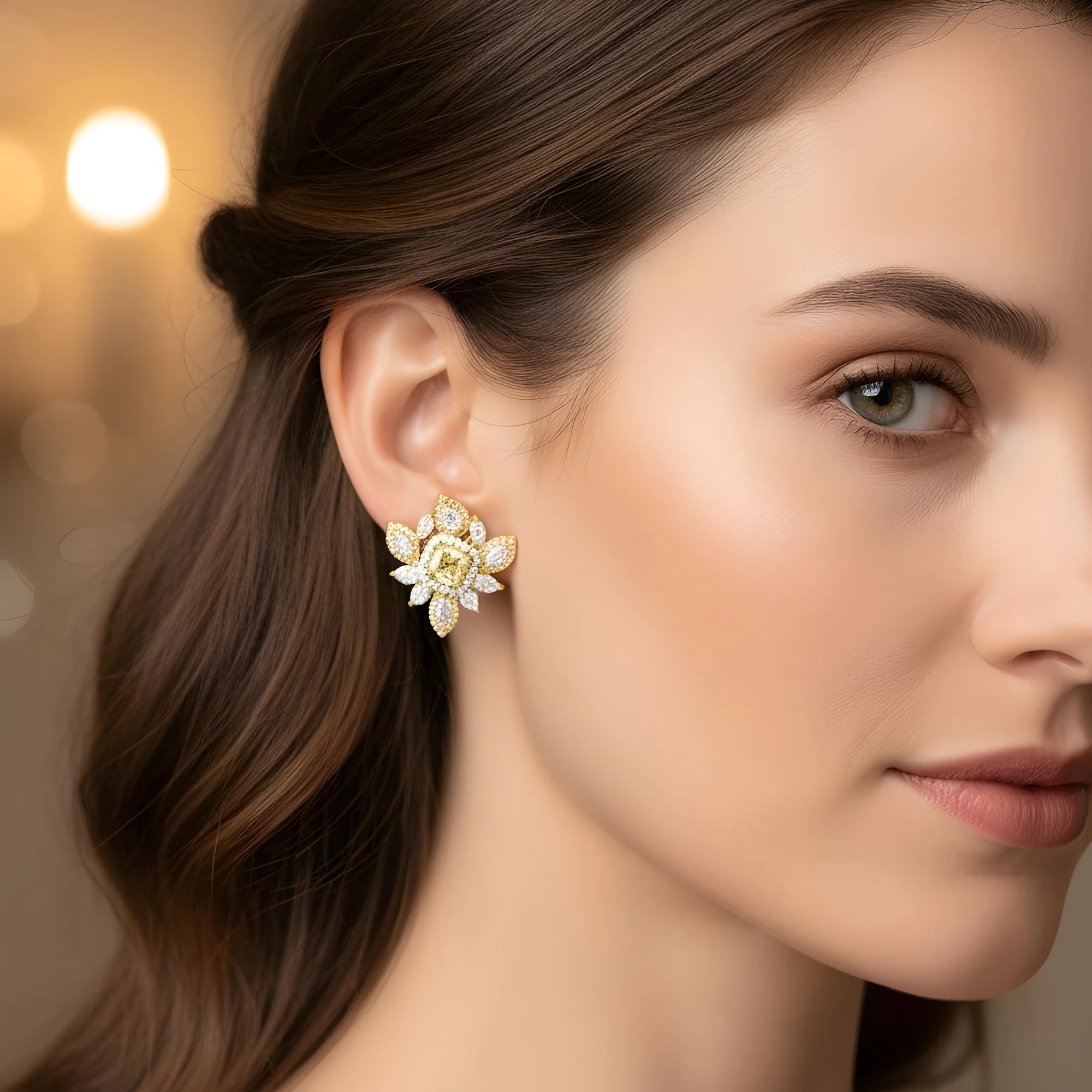 14K White Gold Canary Yellow Diamond Cluster Stud Earrings 5.16ctw - Image 5