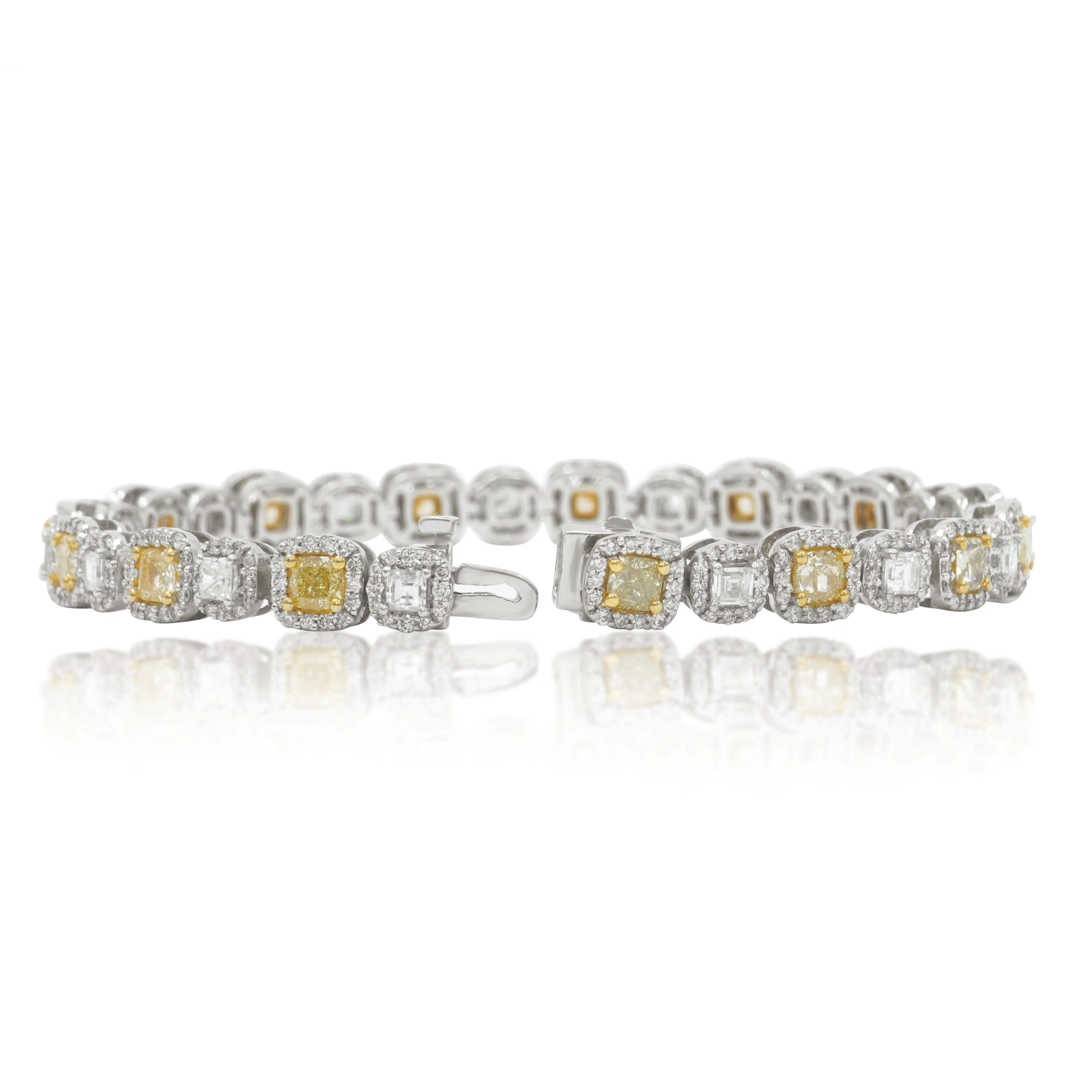 14K White Gold Cushion Cut Fancy Yellow & White Diamond Bracelet 7.81ct - Image 3