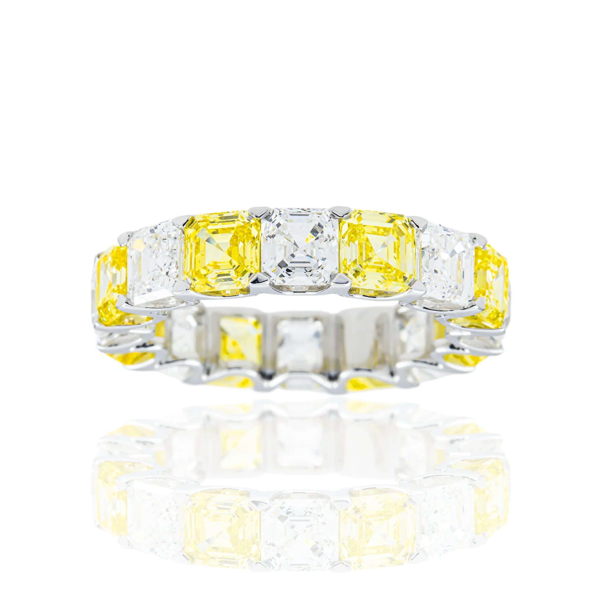 14K White Gold Asscher Cut Fancy Yellow & White Diamond Eternity Ring 8.21ct (Size 6.5)