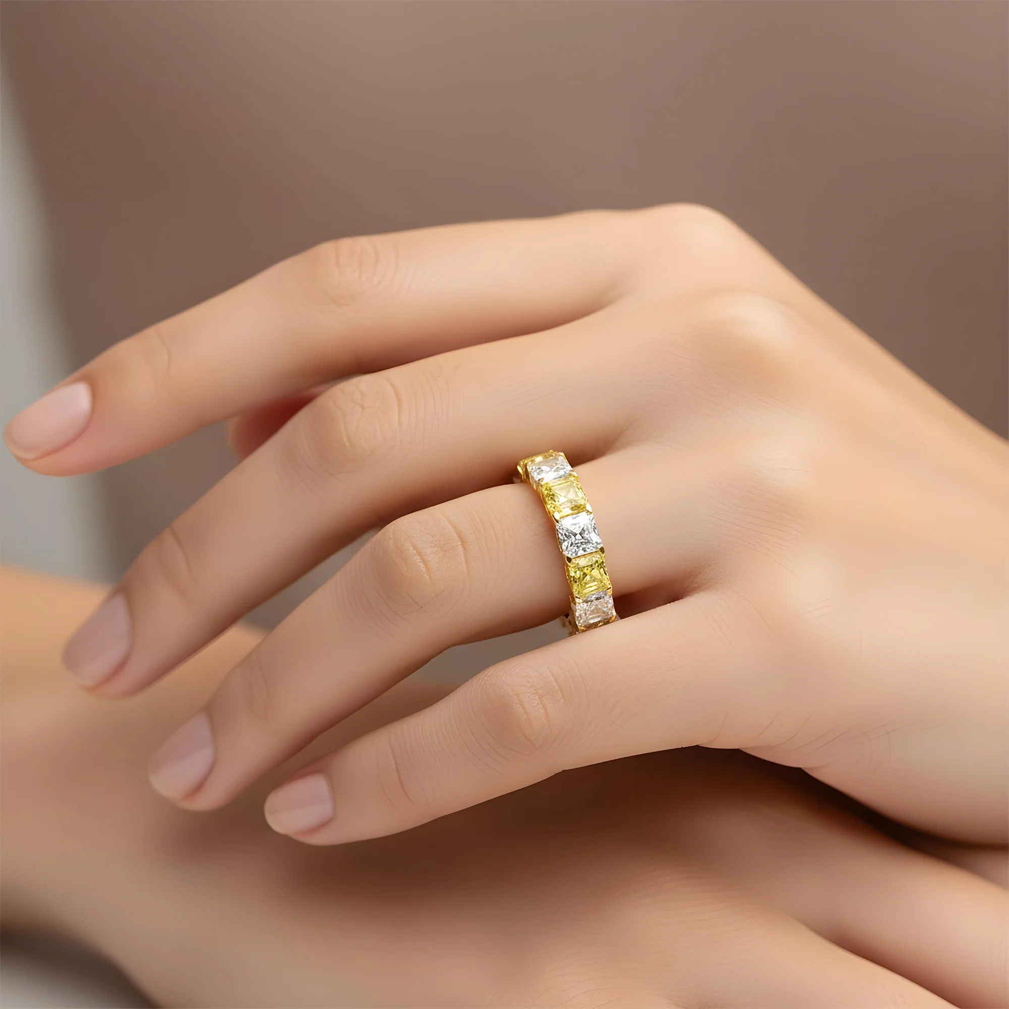 14K White Gold Asscher Cut Fancy Yellow & White Diamond Eternity Ring 8.21ct (Size 6.5) - Image 6