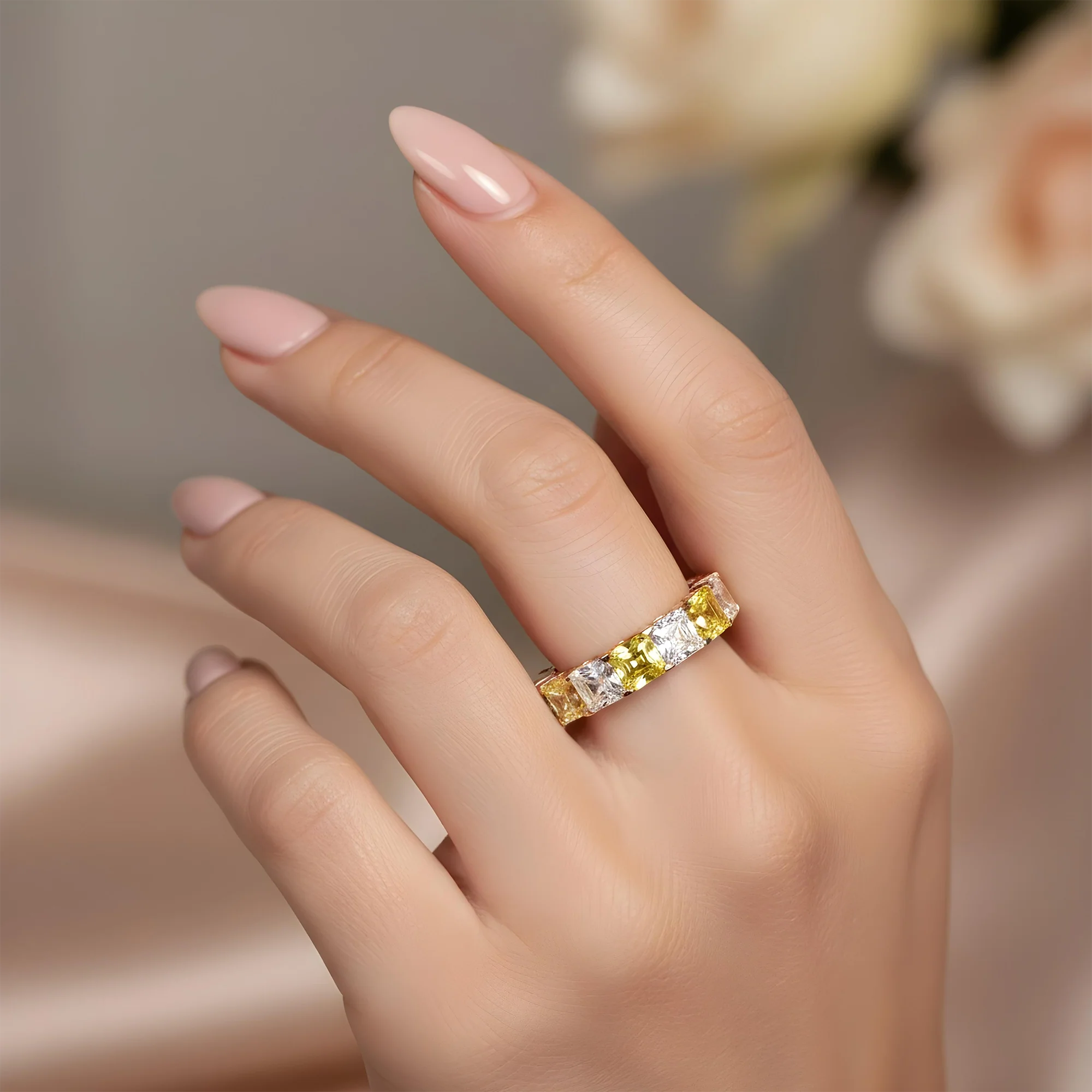 14K White Gold Asscher Cut Fancy Yellow & White Diamond Eternity Ring 8.21ct (Size 6.5) - Image 8