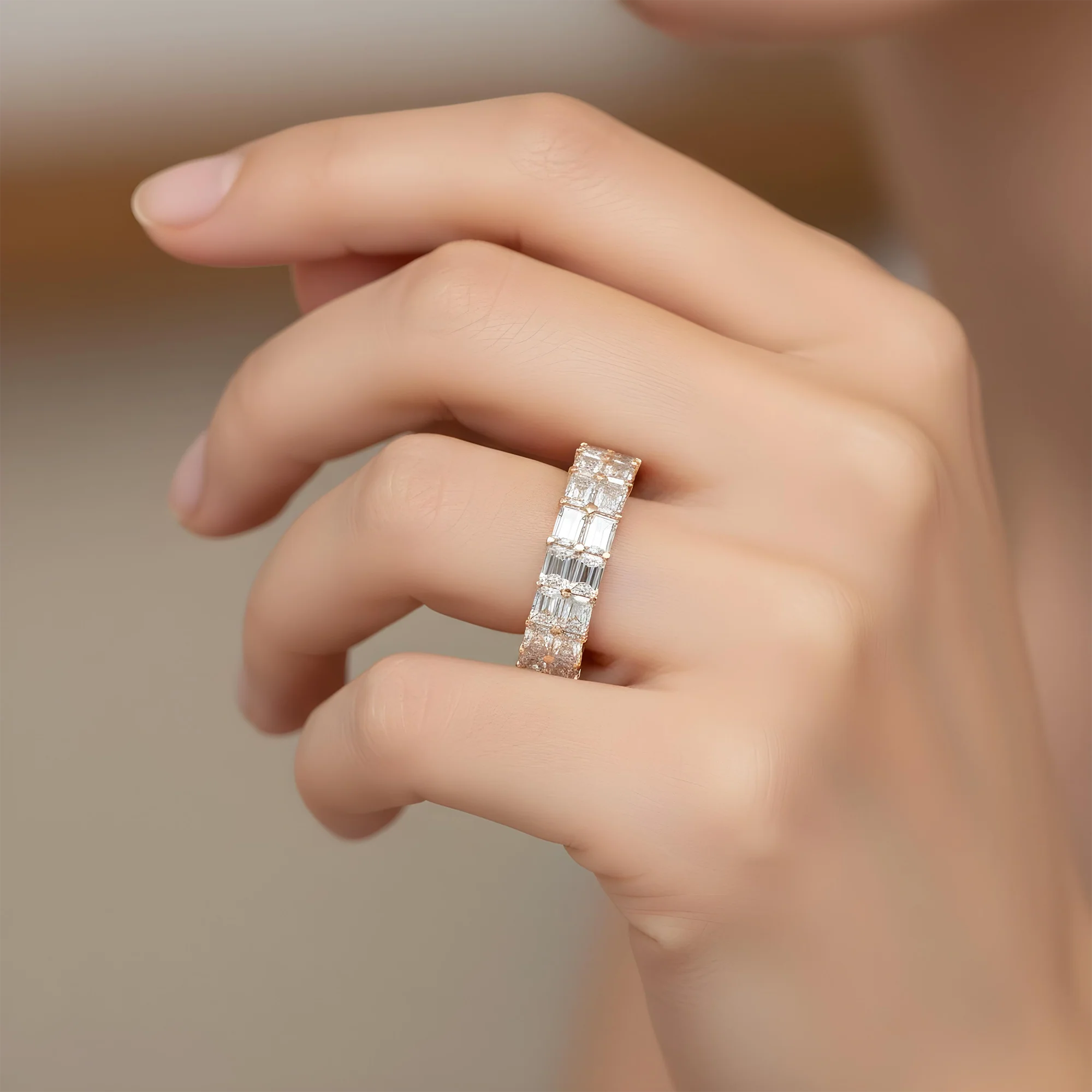 14K White Gold Double Row Emerald Cut Diamond Eternity Ring 7.12ct (size 8) - Image 8