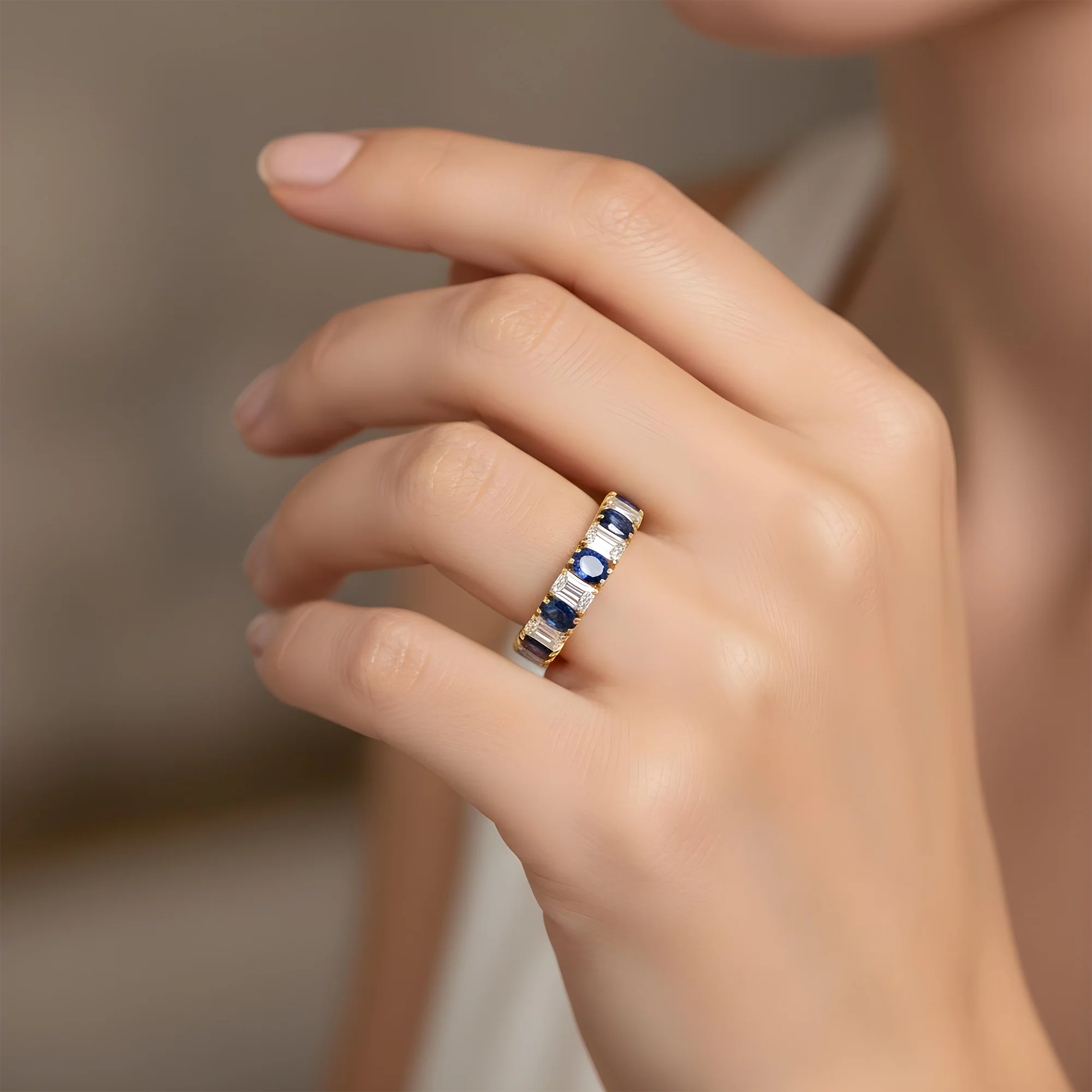 14K White Gold Emerald Cut Diamond & Oval Cut Sapphire Eternity Ring - Image 5