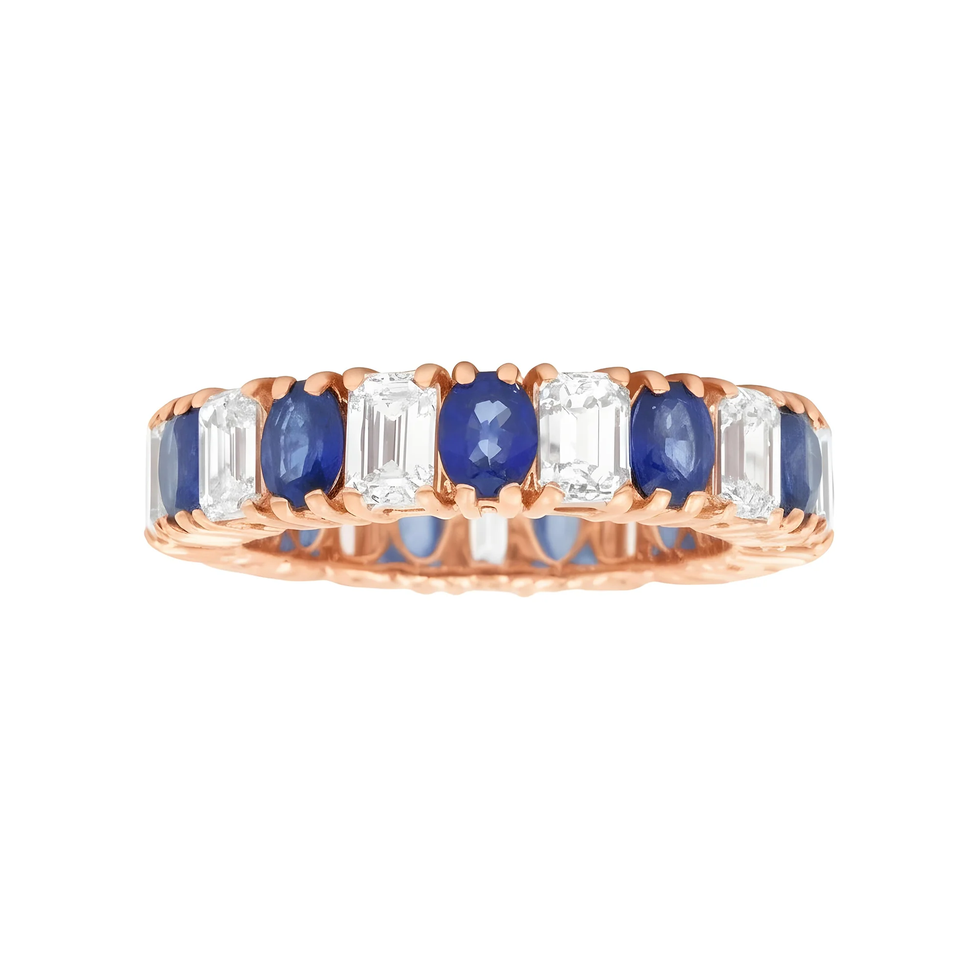 14K White Gold Emerald Cut Diamond & Oval Cut Sapphire Eternity Ring - Image 6