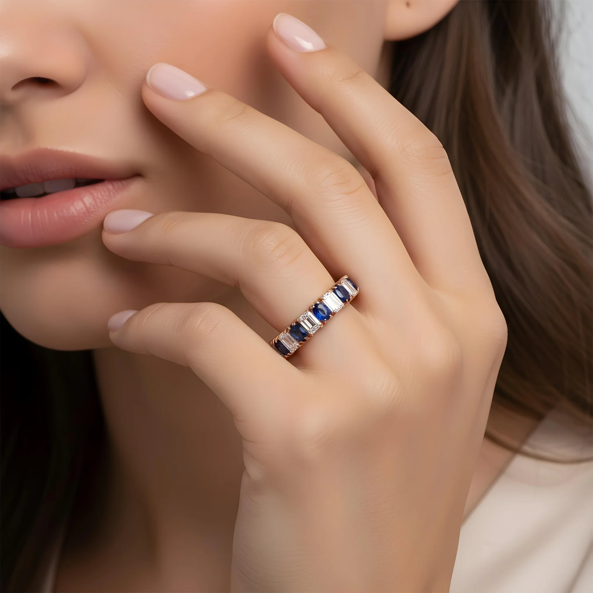 14K White Gold Emerald Cut Diamond & Oval Cut Sapphire Eternity Ring - Image 7