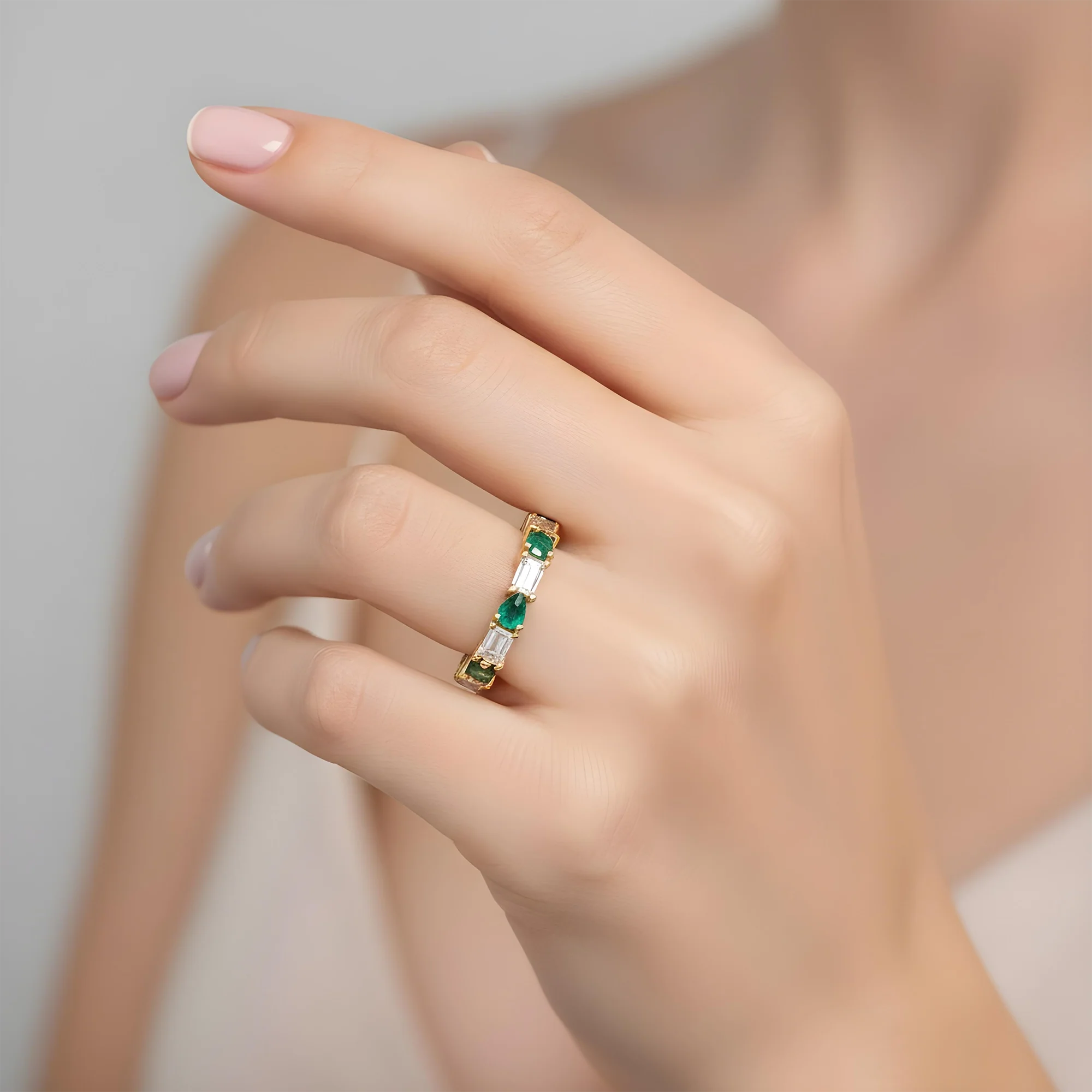 14K White Gold Emerald Cut Diamond & Pear Cut Emerald Eternity Ring - Image 5