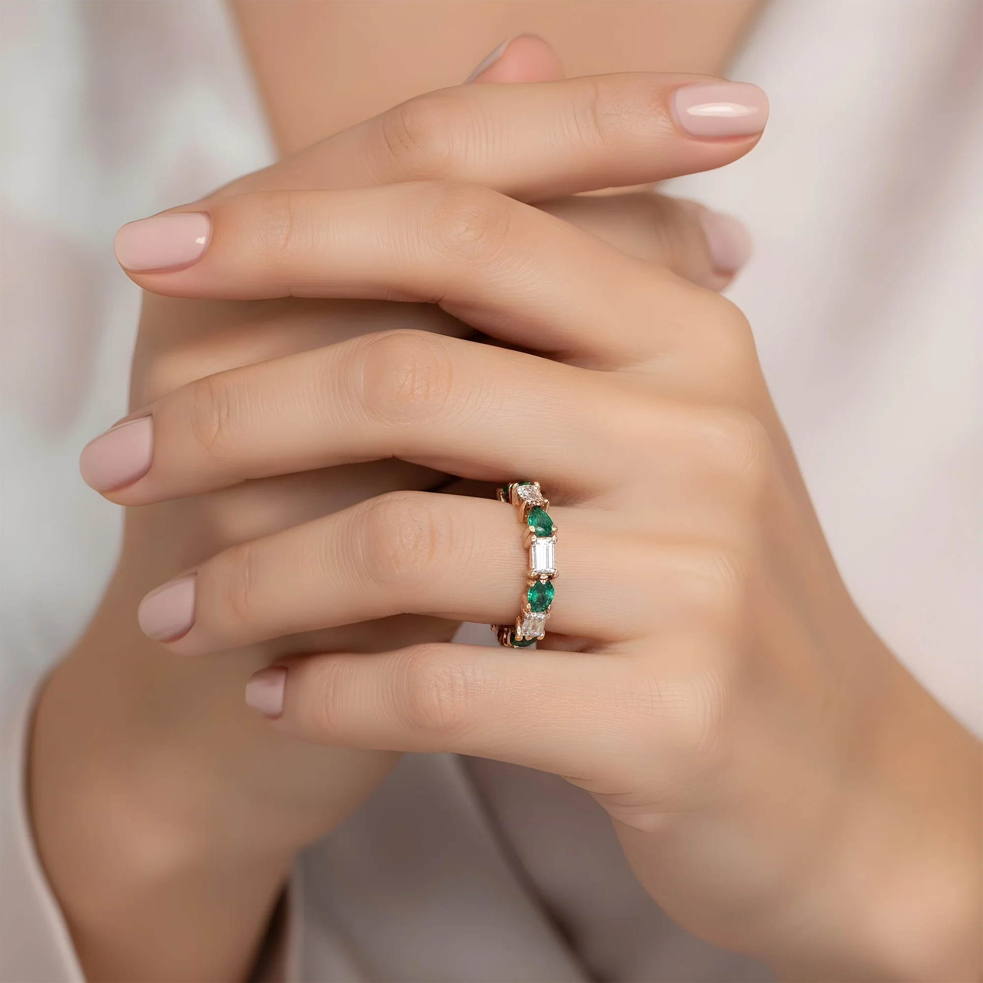 14K White Gold Emerald Cut Diamond & Pear Cut Emerald Eternity Ring - Image 7