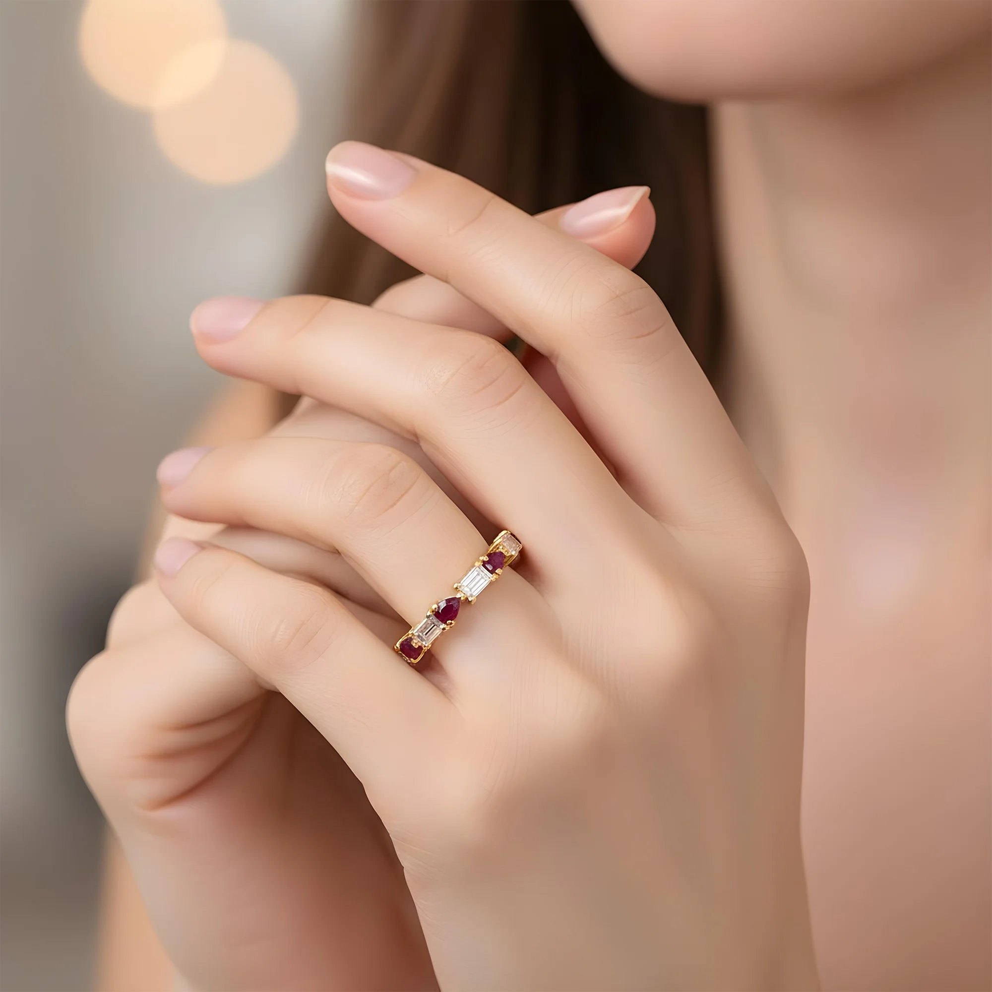 14K White Gold Emerald Cut Diamond & Pear Cut Ruby Eternity Ring - Image 5