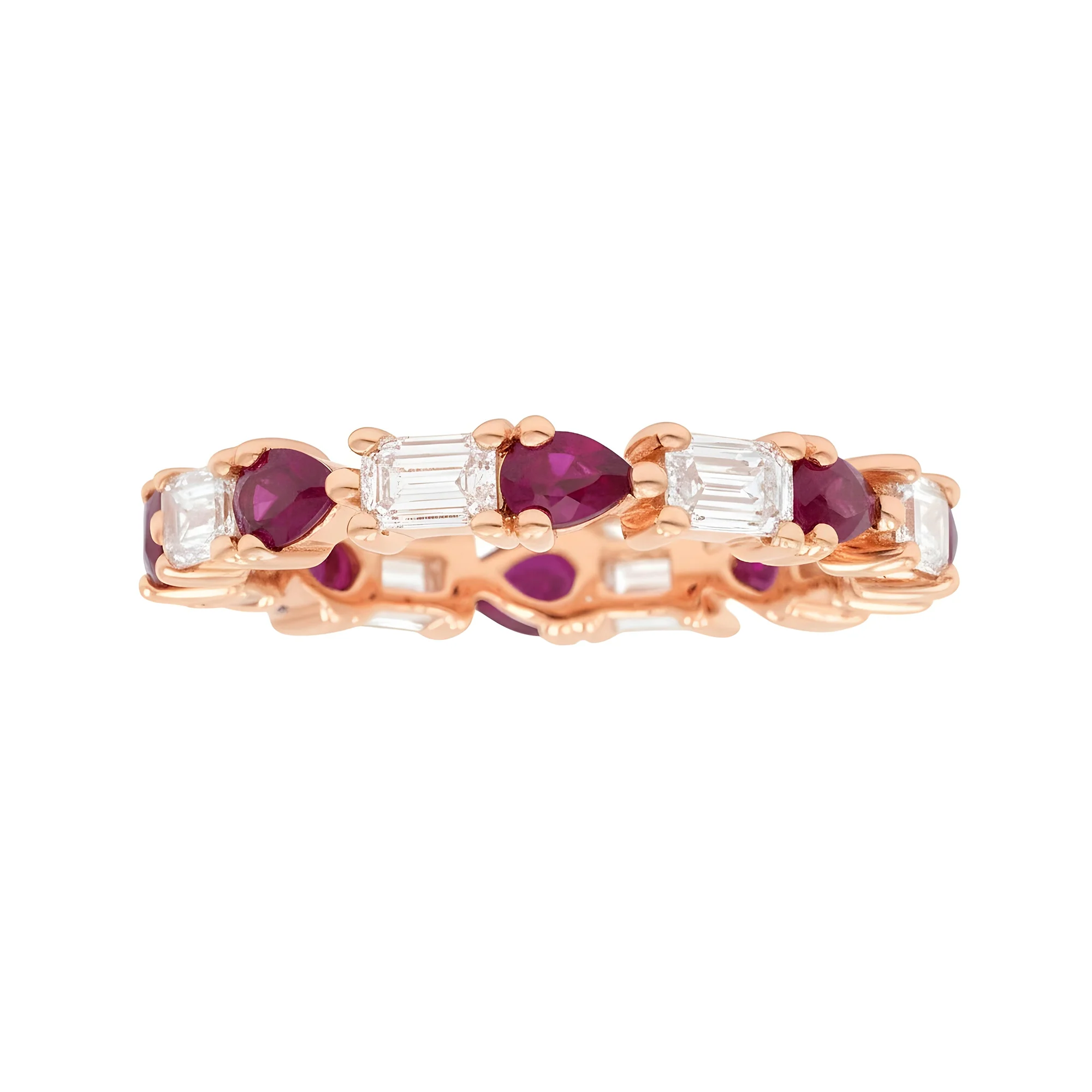 14K White Gold Emerald Cut Diamond & Pear Cut Ruby Eternity Ring - Image 6
