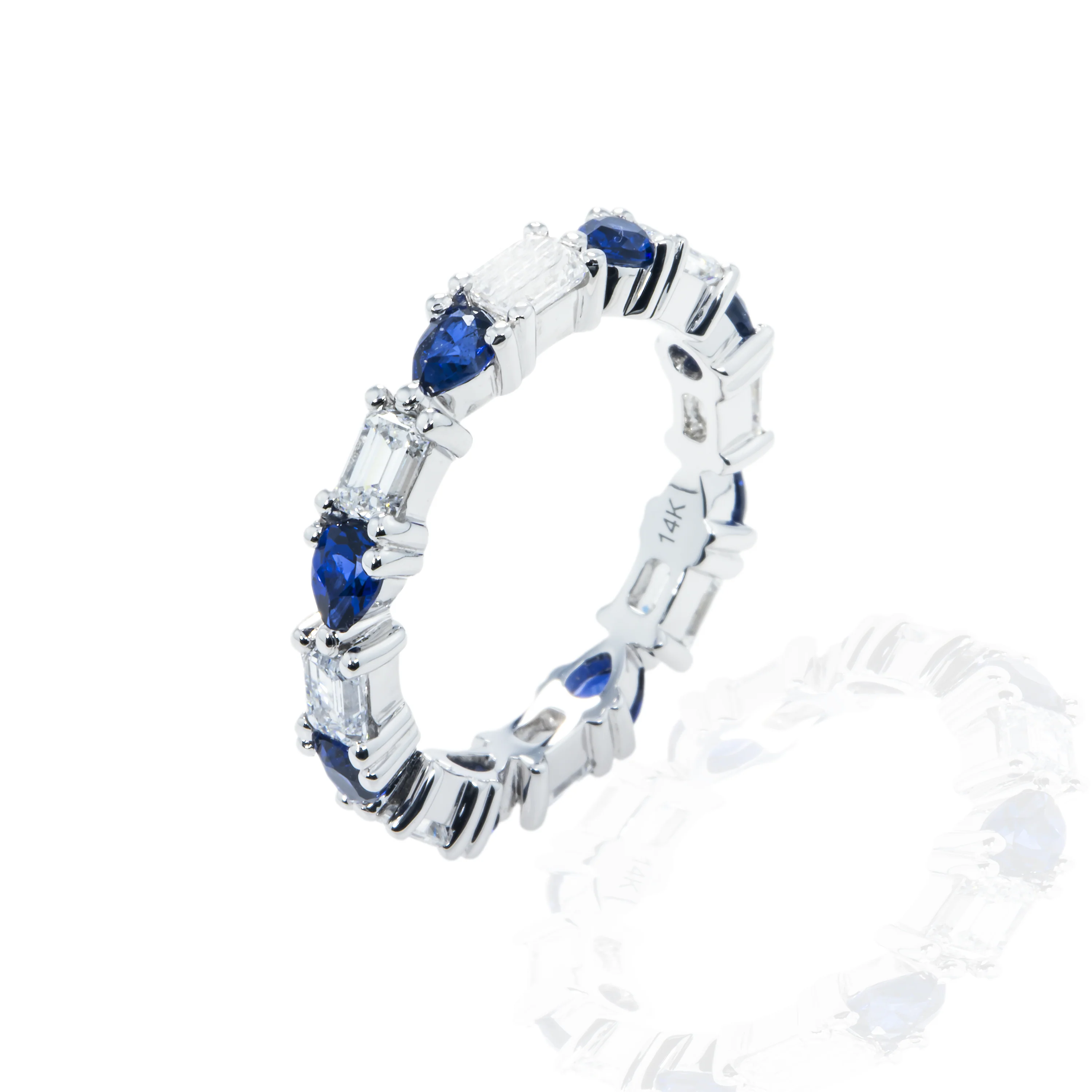 14K White Gold Emerald Cut Diamond & Pear Cut Sapphire Eternity Ring 3.03ctw - Image 3