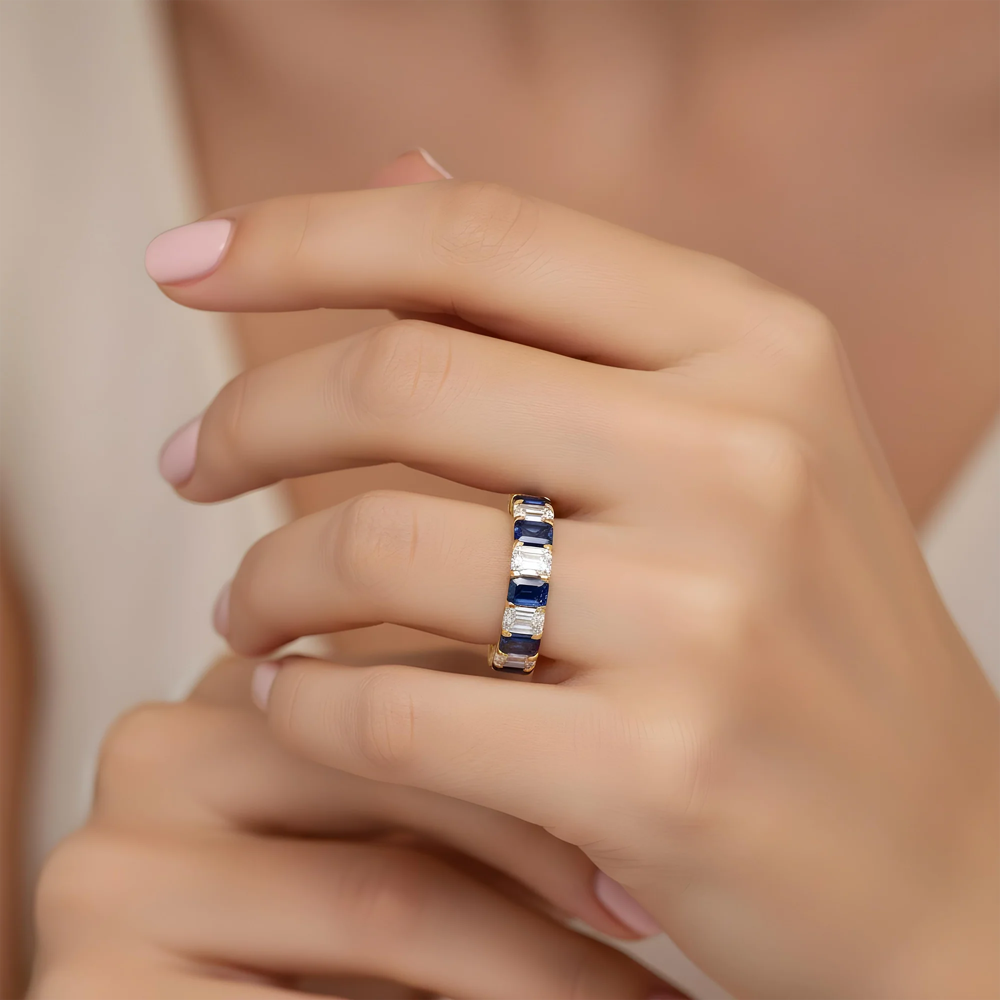 14K White Gold Emerald Cut Diamond & Sapphire Eternity Ring (size 7) - Image 5