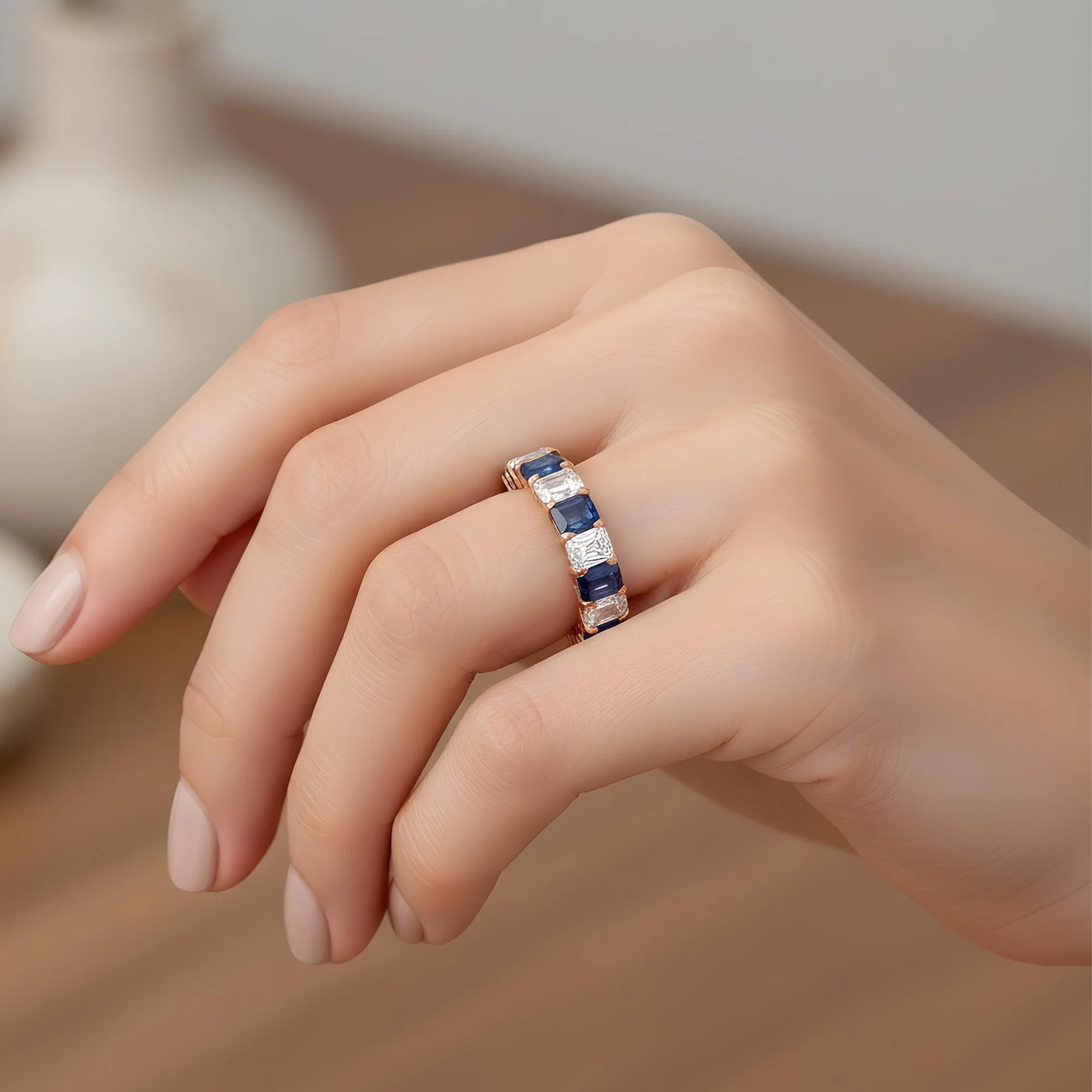 14K White Gold Emerald Cut Diamond & Sapphire Eternity Ring (size 7) - Image 7