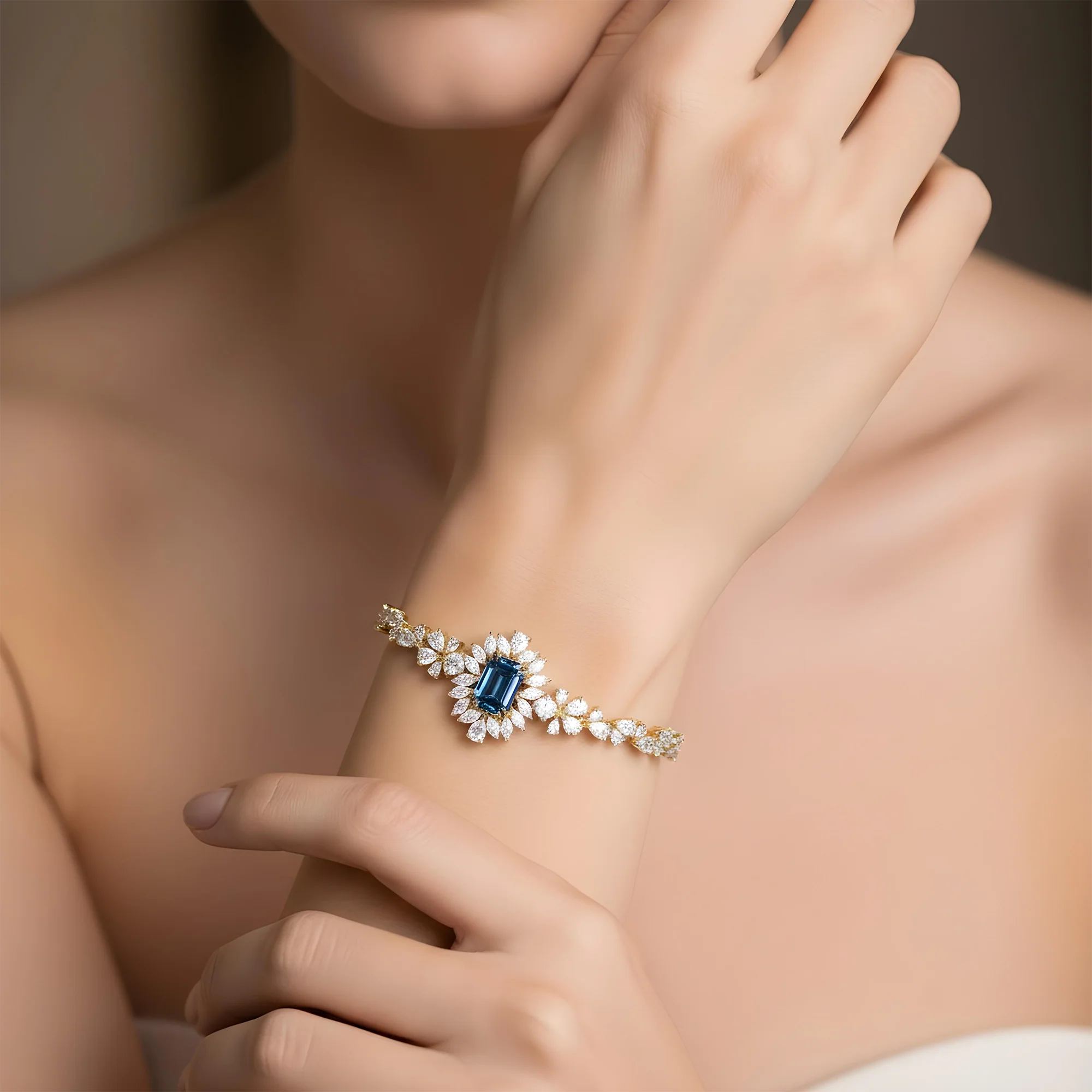 14K White Gold Emerald Cut Fancy Blue Diamond Goddess Bracelet - Image 6